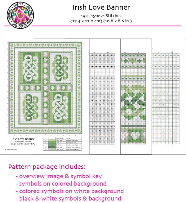 Celtic Cross Stitch Pattern – Irish Love Banner With Love Knot Design, Aida 14 Count Chart