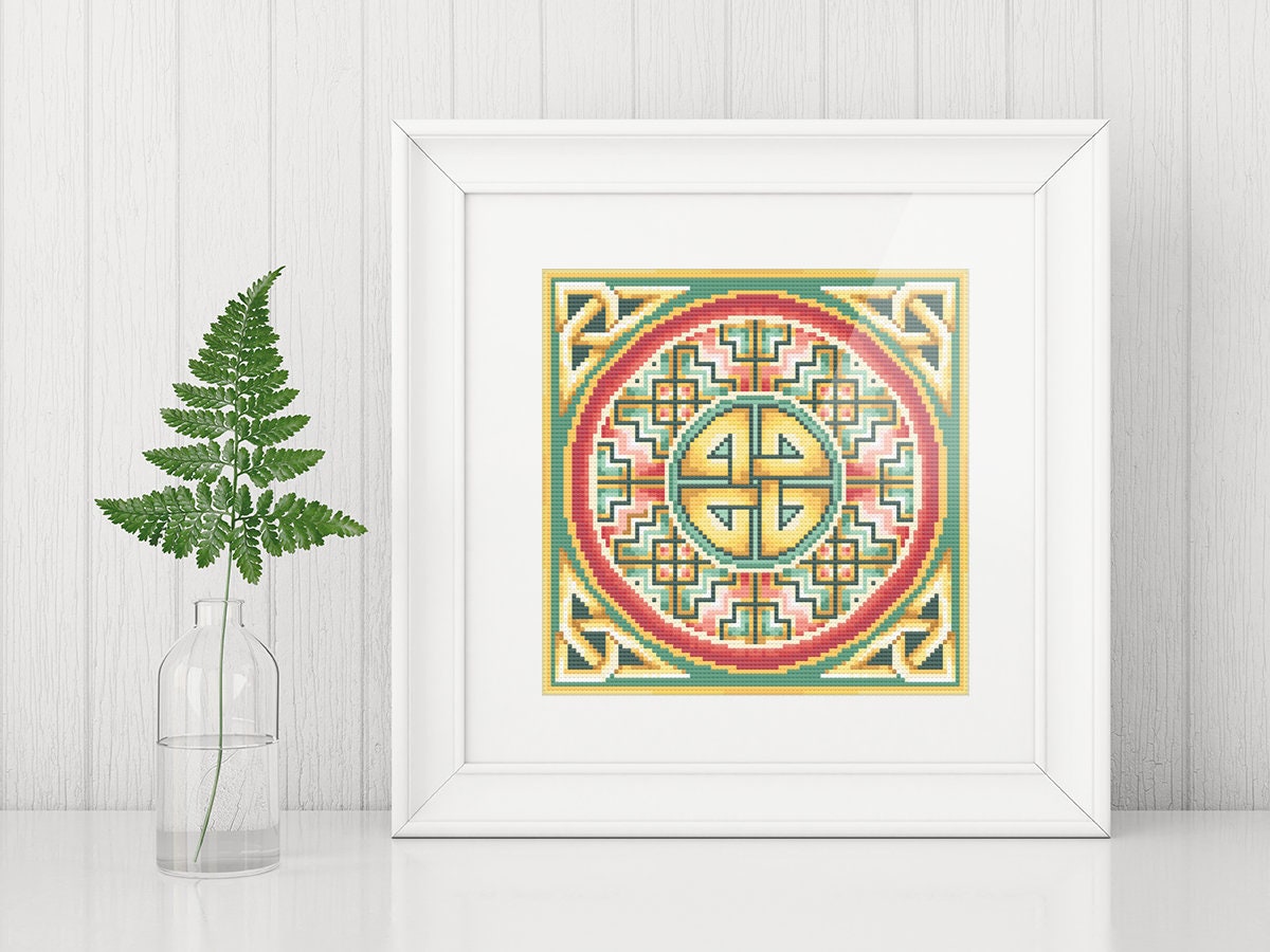 Celtic Cross Stitch Pattern – Rosy Pink Irish Embroidery Design With Handmade Knot