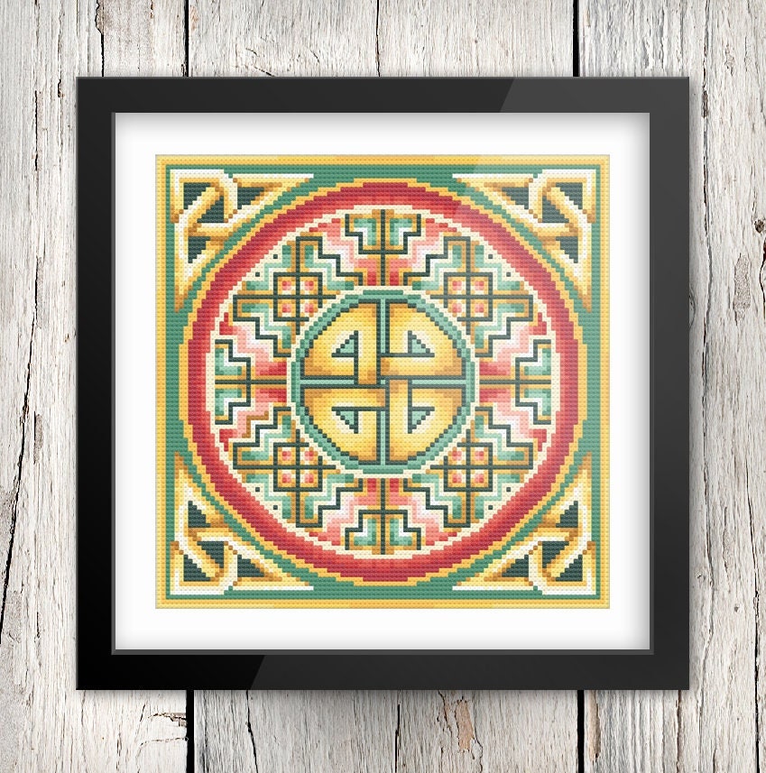 Celtic Cross Stitch Pattern – Rosy Pink Irish Embroidery Design With Handmade Knot