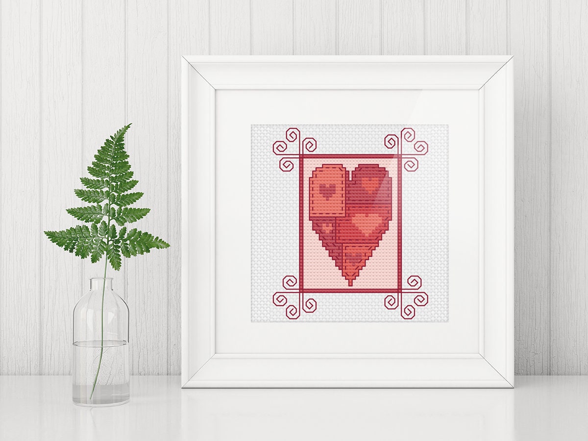 Patchwork Heart Cross Stitch - Valentines Floral Embroidery Pattern PDF Download
