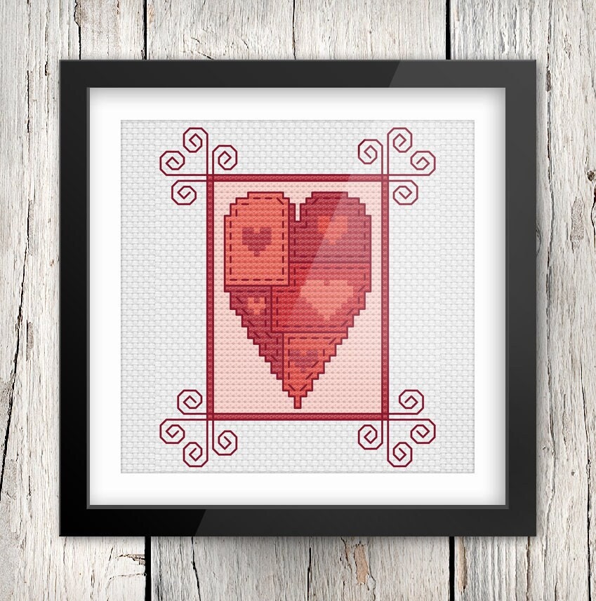 Patchwork Heart Cross Stitch - Valentines Floral Embroidery Pattern PDF Download