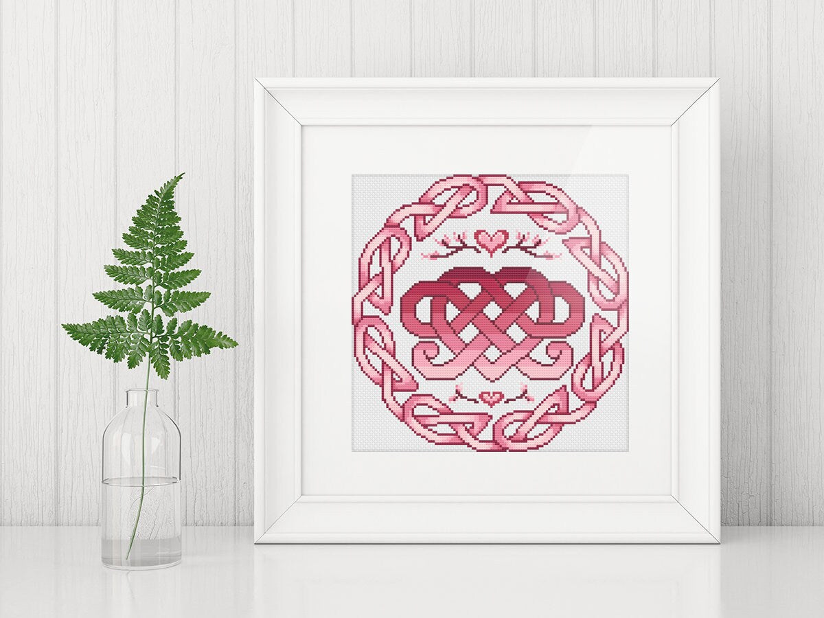 Celtic Cross Stitch Pattern - Irish Love Knot Chart With Heart & Flower Motif