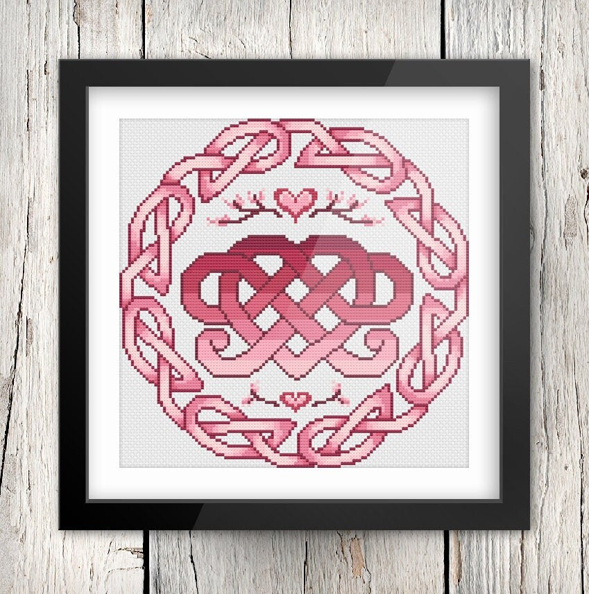 Celtic Cross Stitch Pattern - Irish Love Knot Chart With Heart & Flower Motif