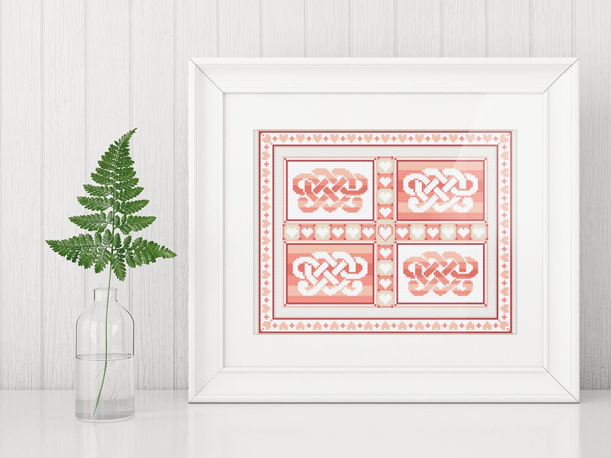 Celtic Cross Stitch Pattern - Rosy Love Banner With Irish Embroidery Design