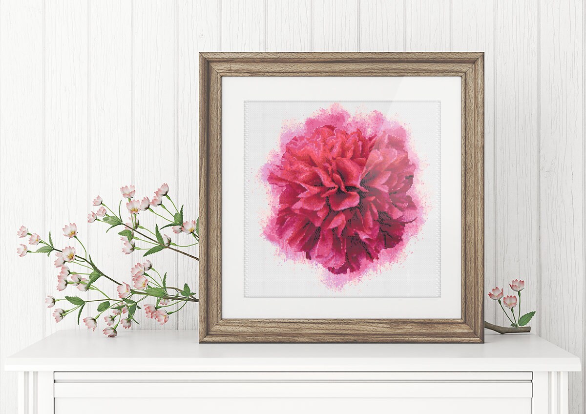 Peony Cross Stitch - Floral Embroidery Pattern PDF With Watercolor Background