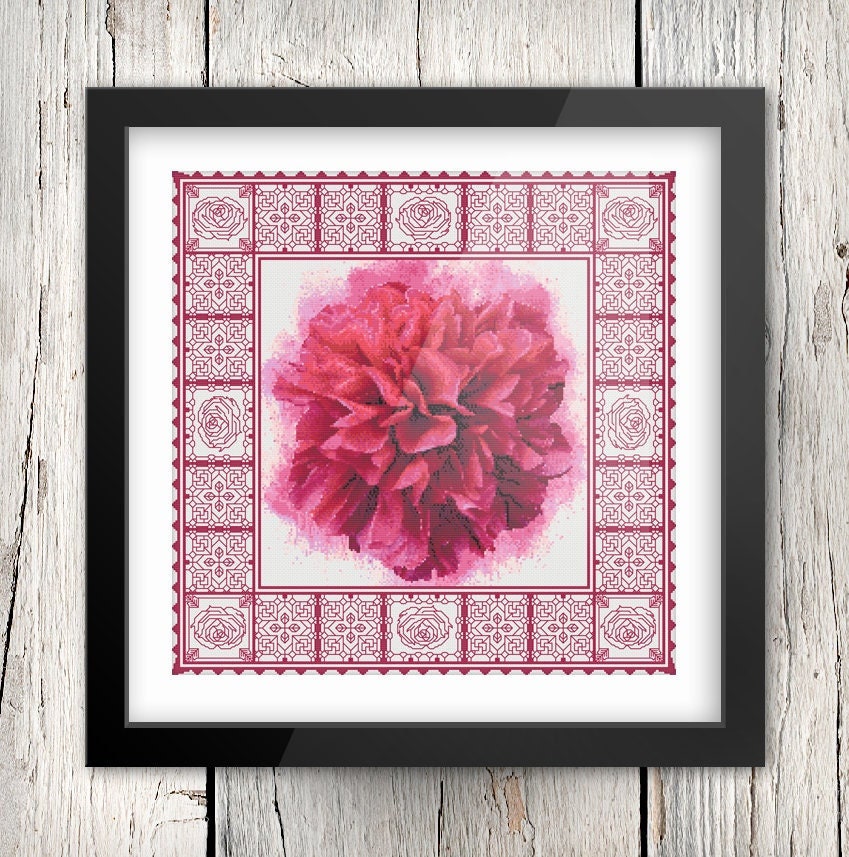 Peony Cross Stitch Pattern - Floral Embroidery Design With Watercolor Background