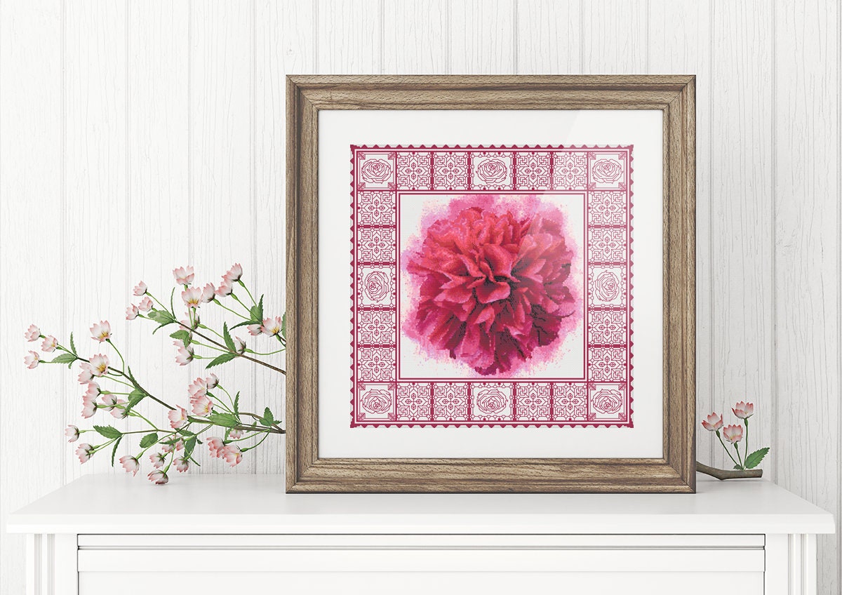 Peony Cross Stitch Pattern - Floral Embroidery Design With Watercolor Background