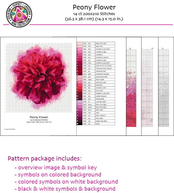 Peony Cross Stitch - Floral Embroidery Pattern PDF With Watercolor Background