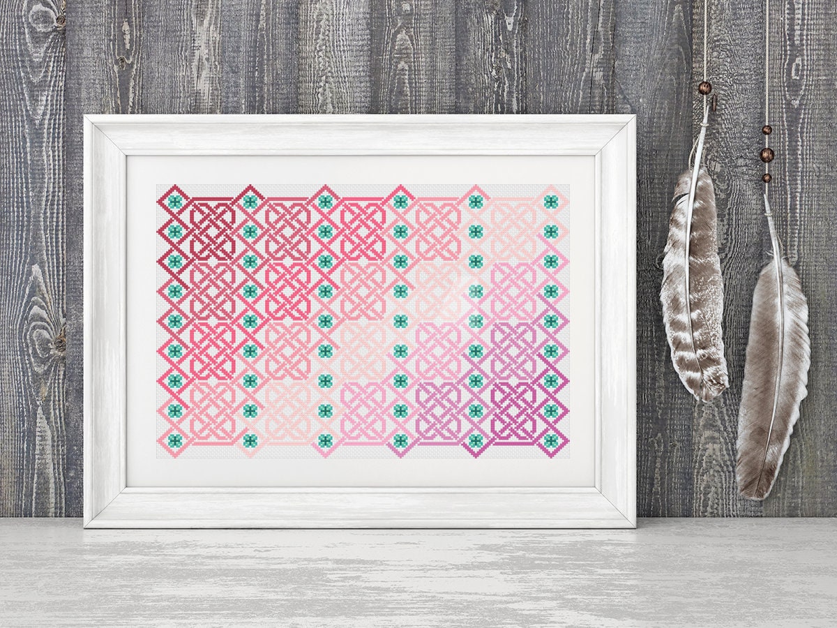 Celtic Cross Stitch Pattern – Rosy Blush Knotwork Embroidery Chart for Irish Home Decoration