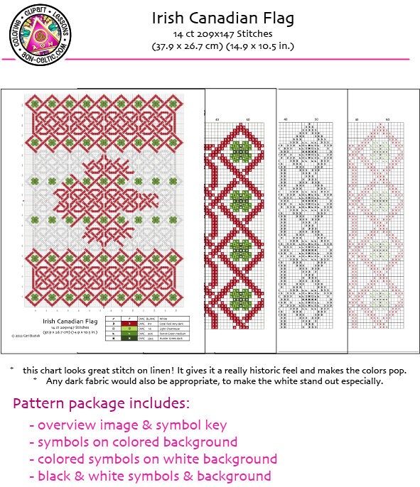 Celtic Cross Stitch Pattern - Irish Canadian Flag Embroidery PDF Download