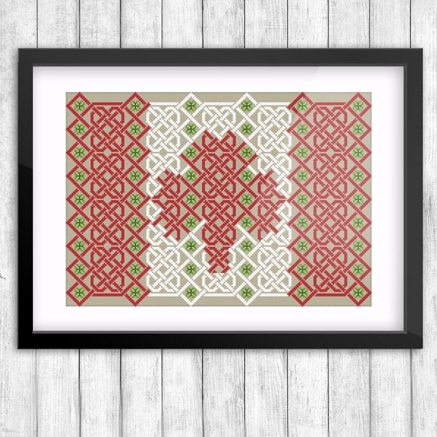Celtic Cross Stitch Pattern - Irish Canadian Flag Embroidery PDF Download