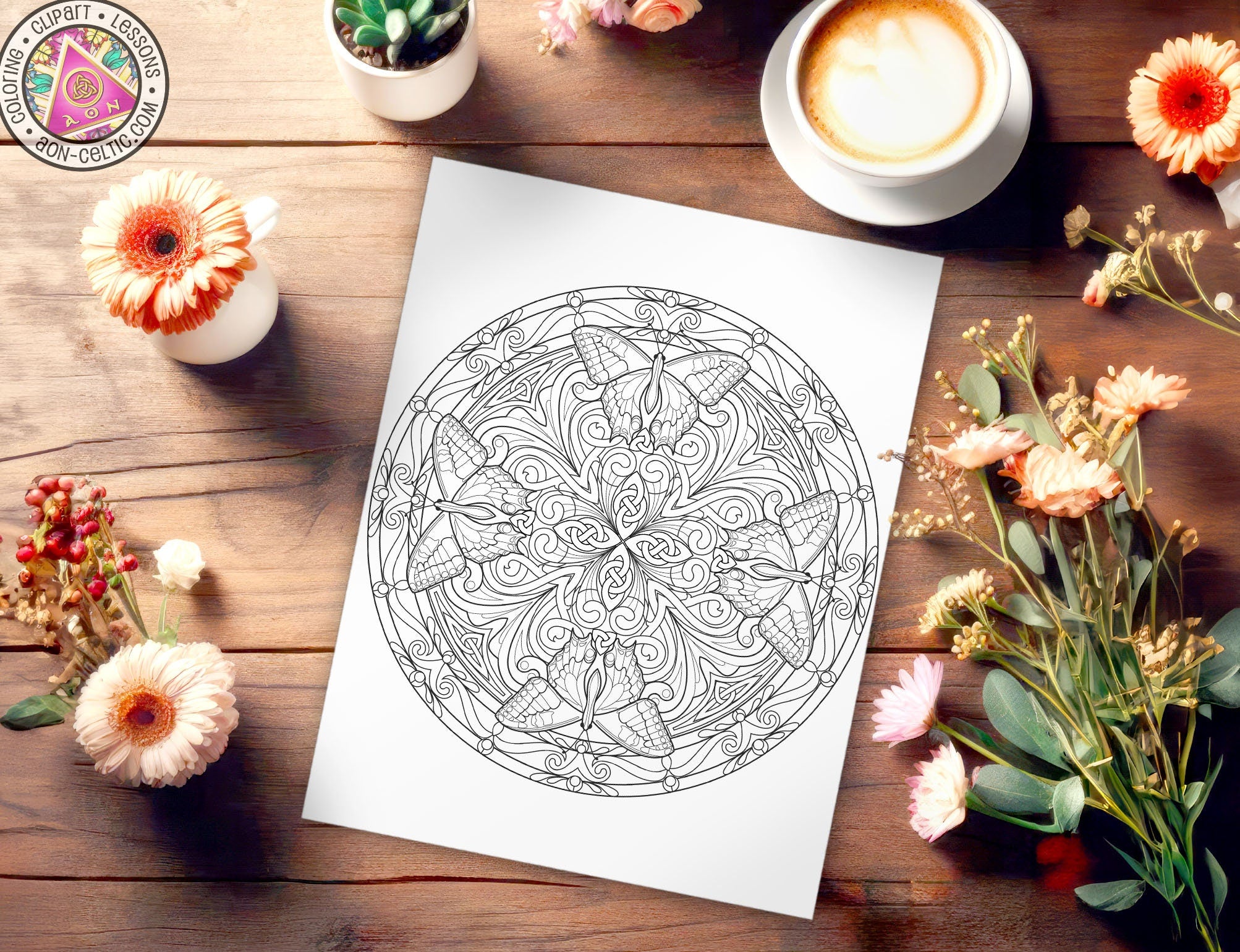 a paper with a picture of a flower and a cup of coffee