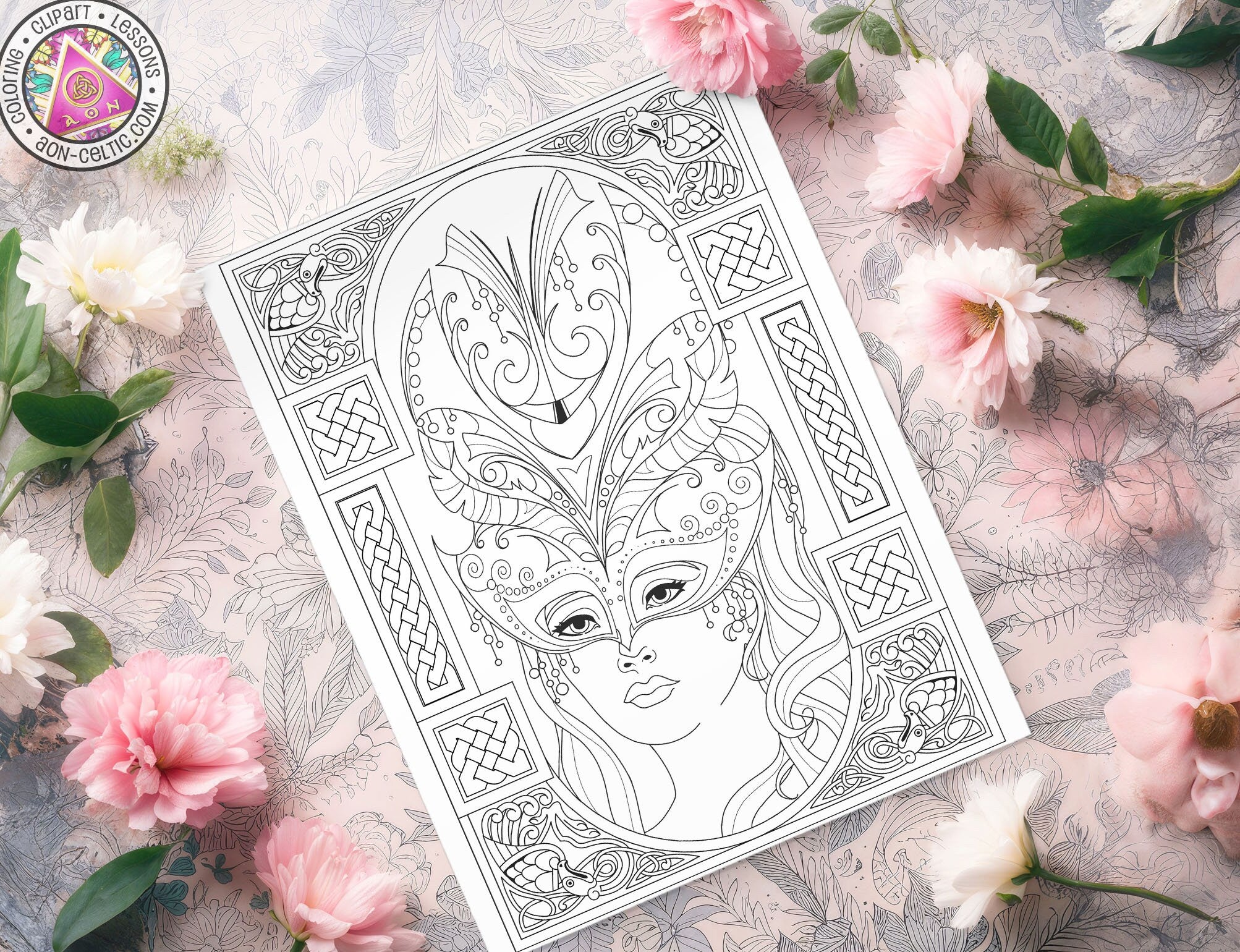 Celtic Coloring Page - Fantasy Mask With Celtic Knotwork Design | Digital PDF Download