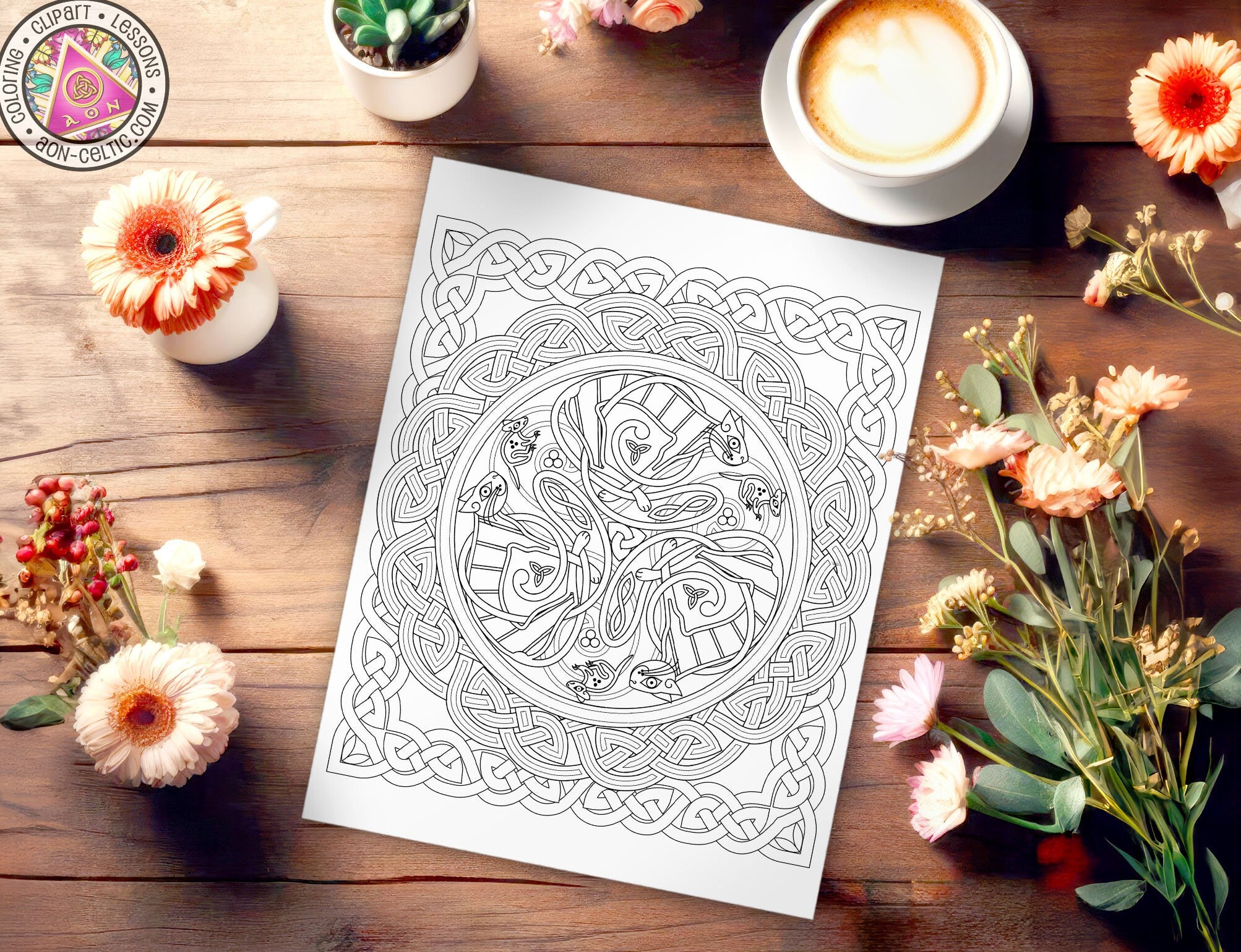 a picture of a coffee and flowers on a table