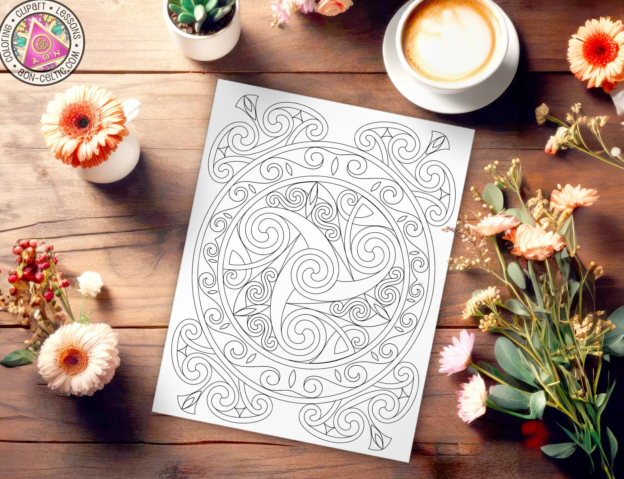 a coloring page with flowers and a cup of coffee
