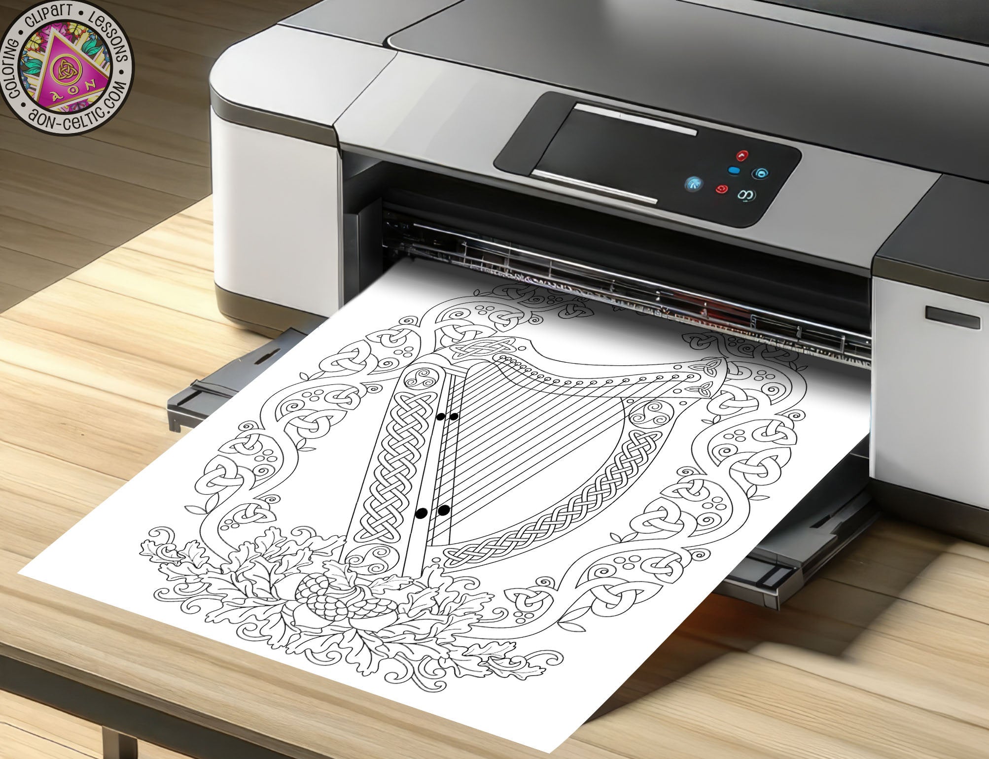 Celtic Harp Coloring - Irish Harp Art With Trinity Knot Design & Oak Leaves Garland