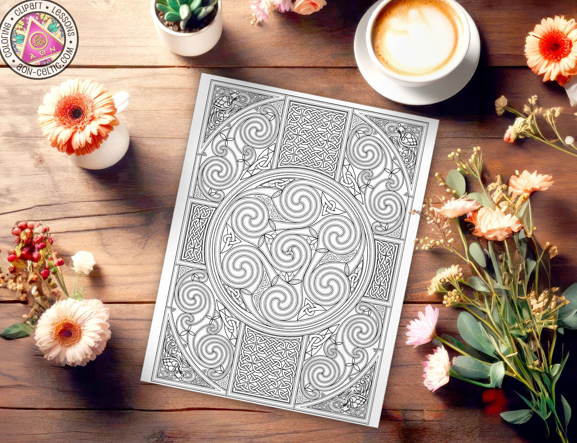 a picture of a table with flowers and a cup of coffee