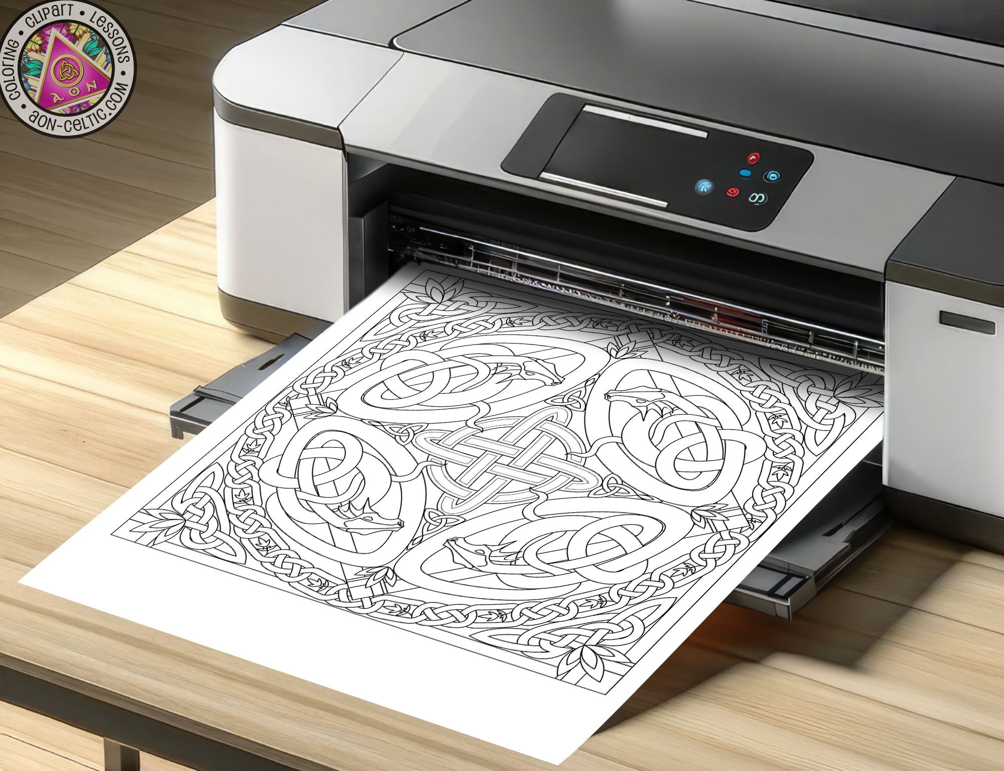 a printer with a picture of a celtic design on it