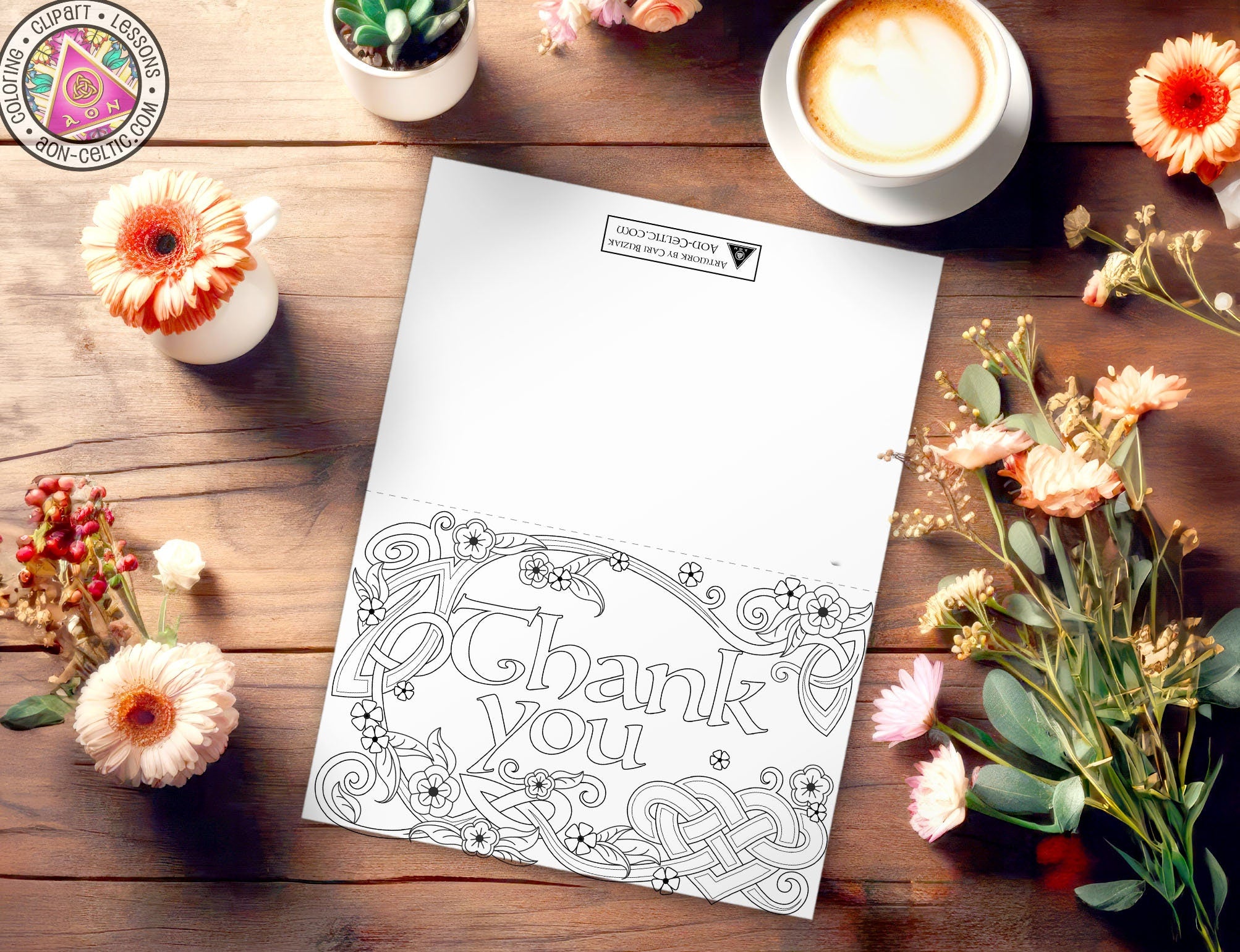 a thank you note surrounded by flowers and a cup of coffee