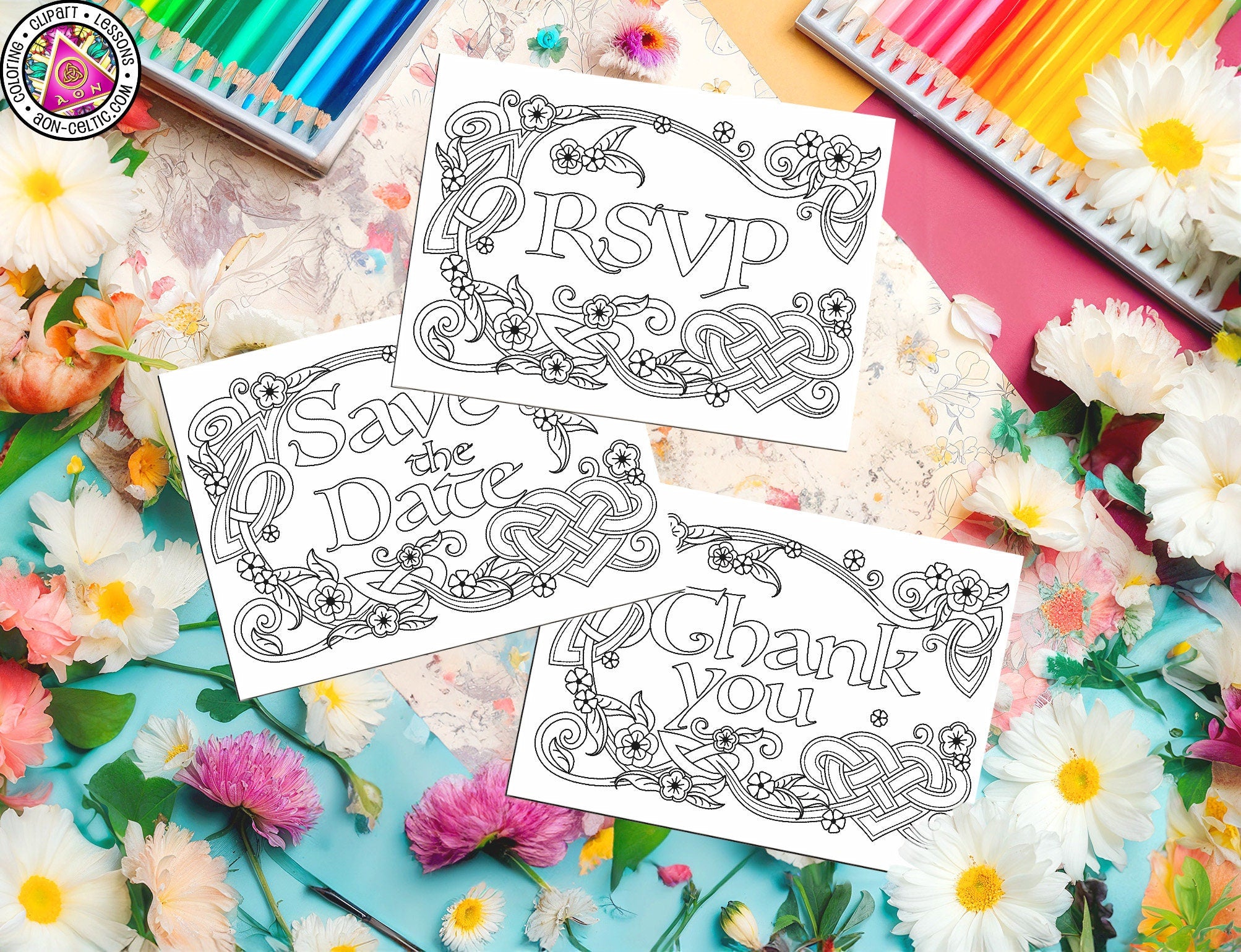 three wedding thank you cards with flowers and greenery