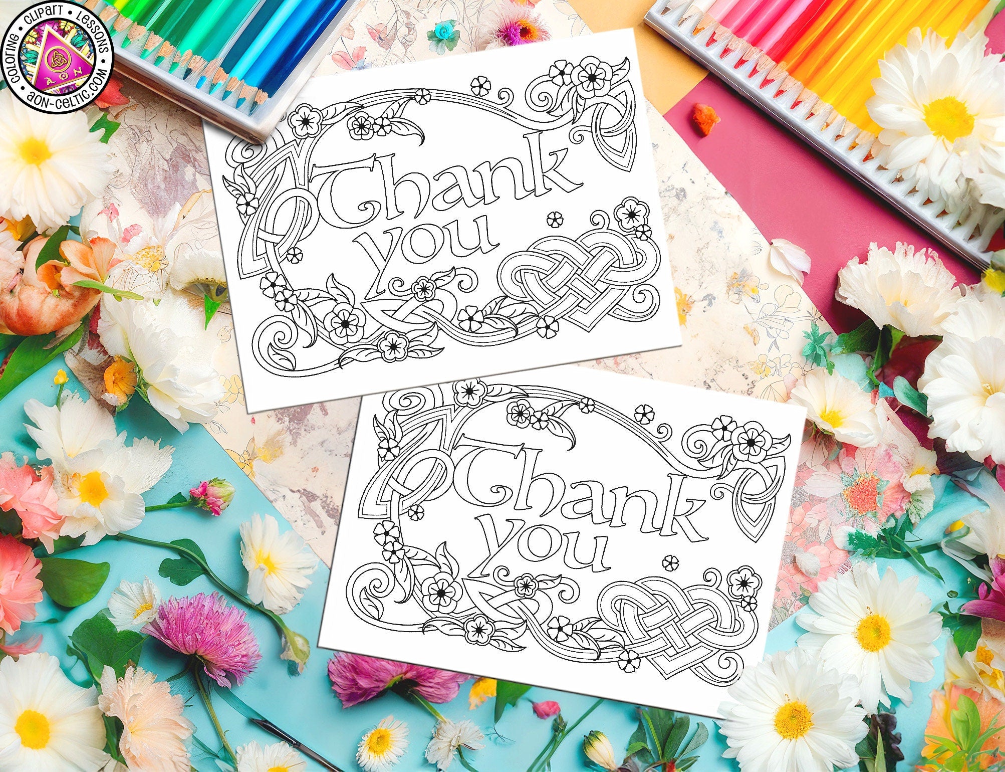 a thank you card surrounded by pink flowers