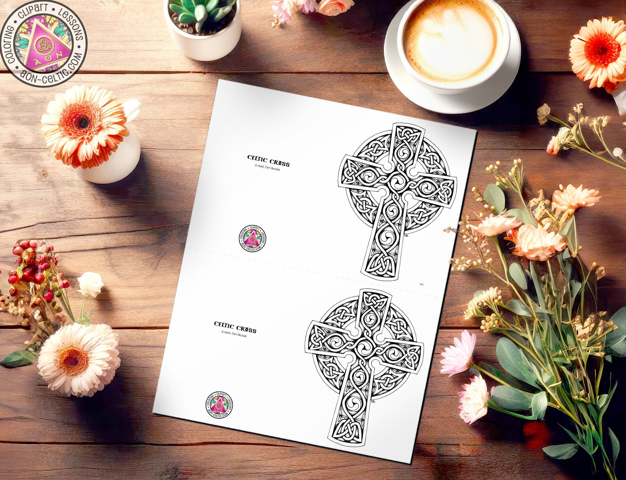 a table with flowers and a cup of coffee