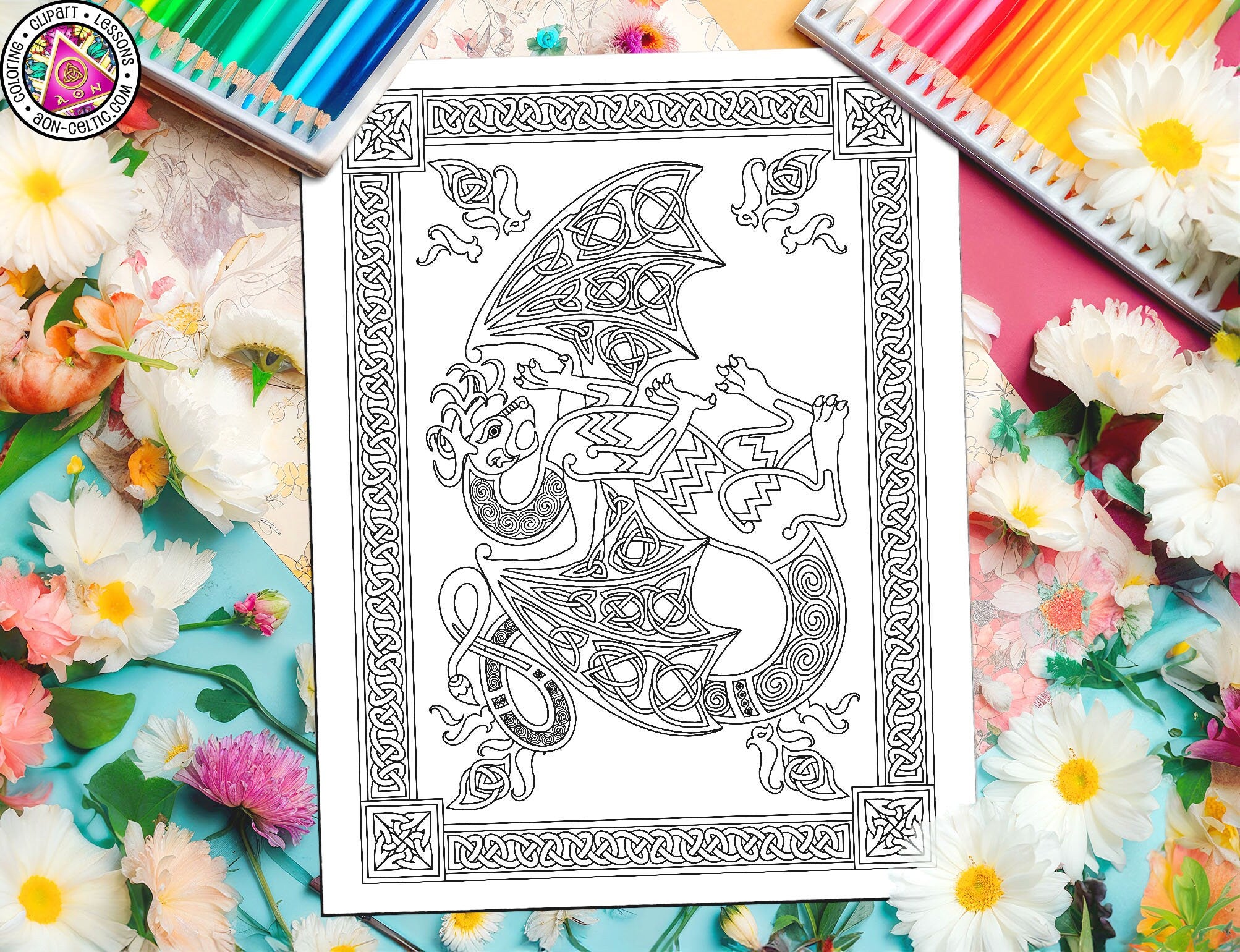 Celtic Dragon Coloring - Heraldic Dragon Design With Knotwork Patterns PDF