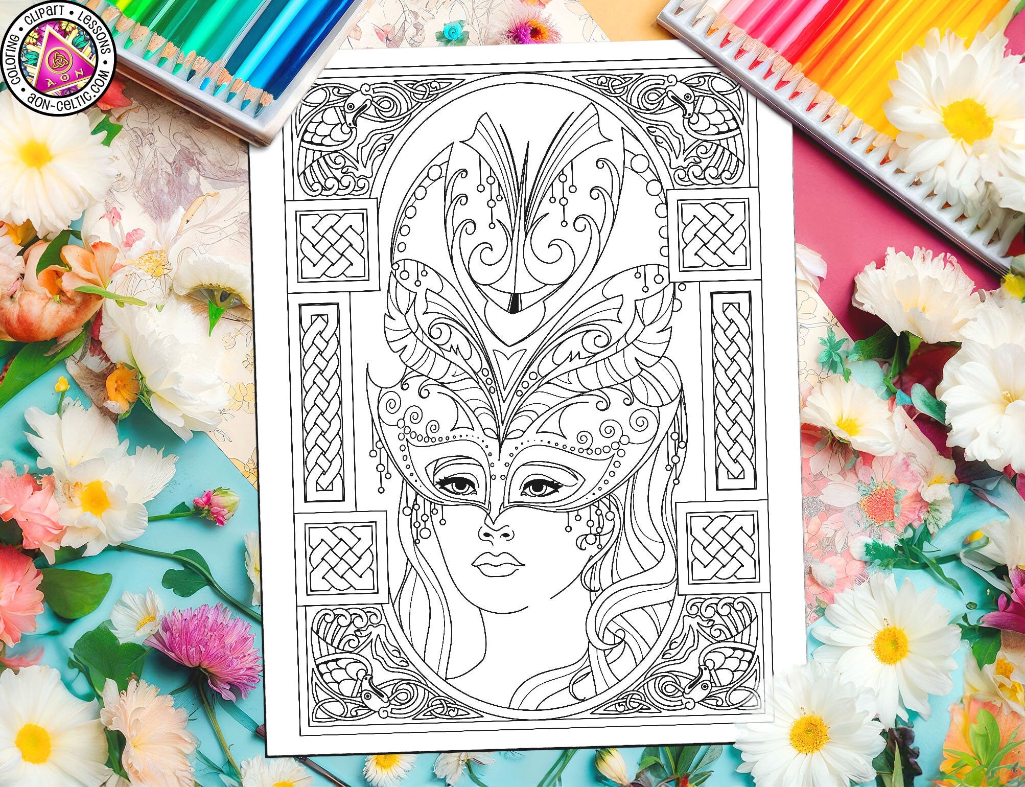 Celtic Coloring Page - Fantasy Mask With Celtic Knotwork Design | Digital PDF Download