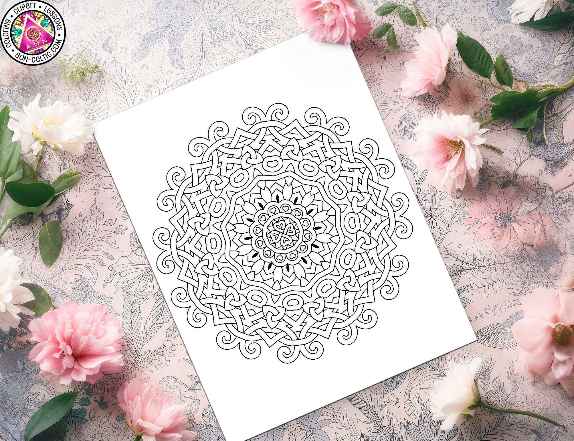 Celtic Coloring Page - Mandala Hearts Design | Intricate Celtic Patterns PDF