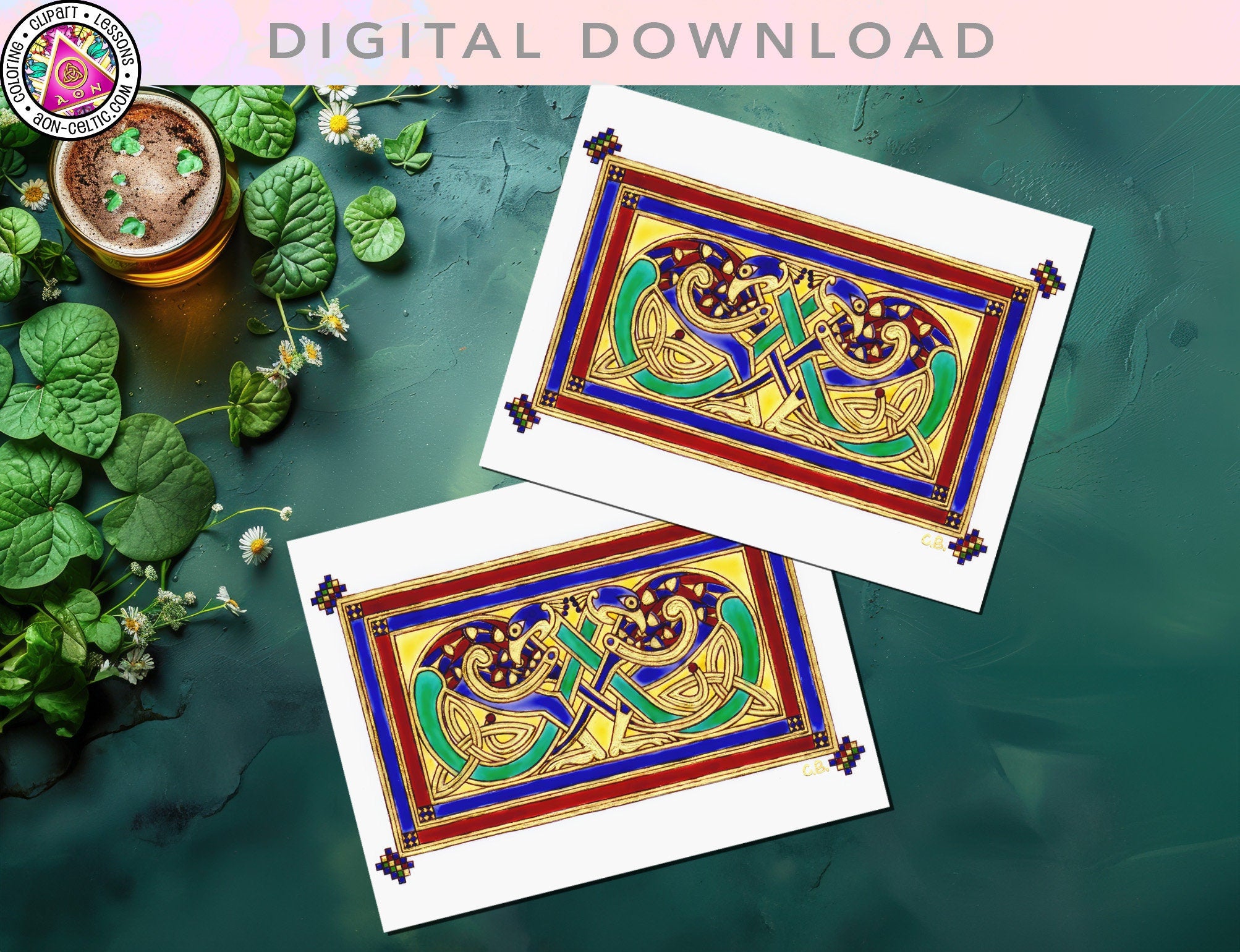 two cards with a design on them next to a cup of coffee