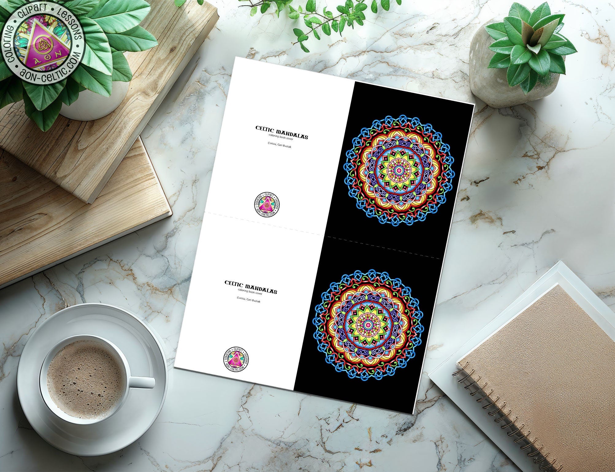 a table with a cup of coffee and a book on it