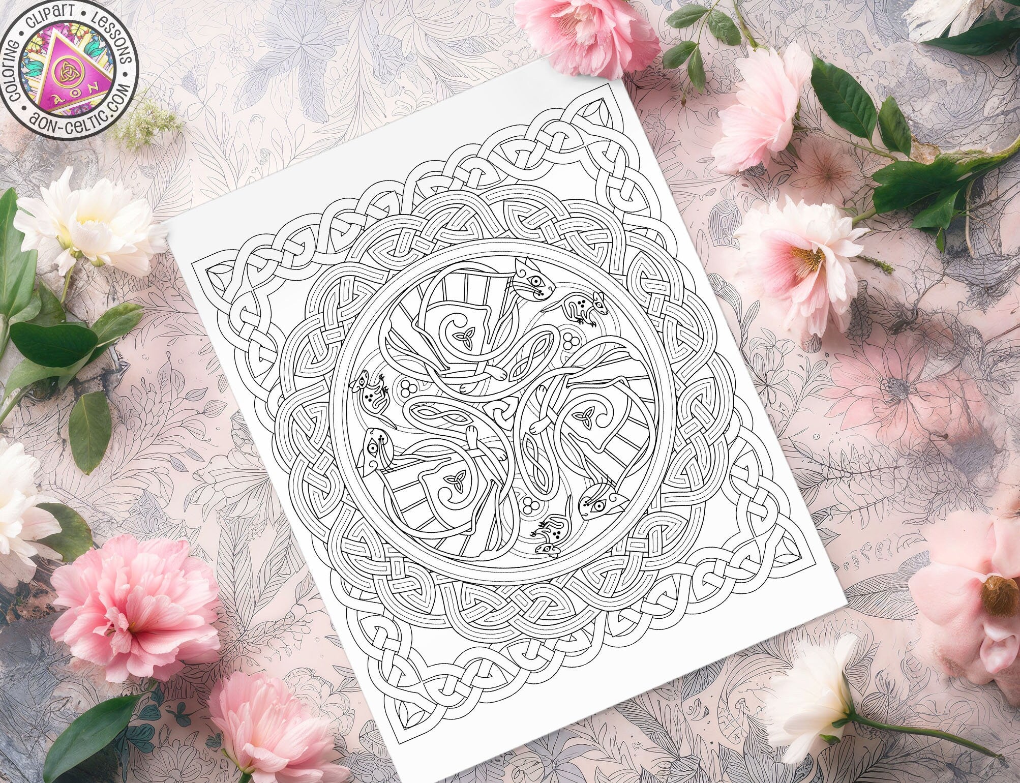 Celtic Coloring Book - St Patrick's Day Tabby Cat & Mouse PDF with Knotwork Art