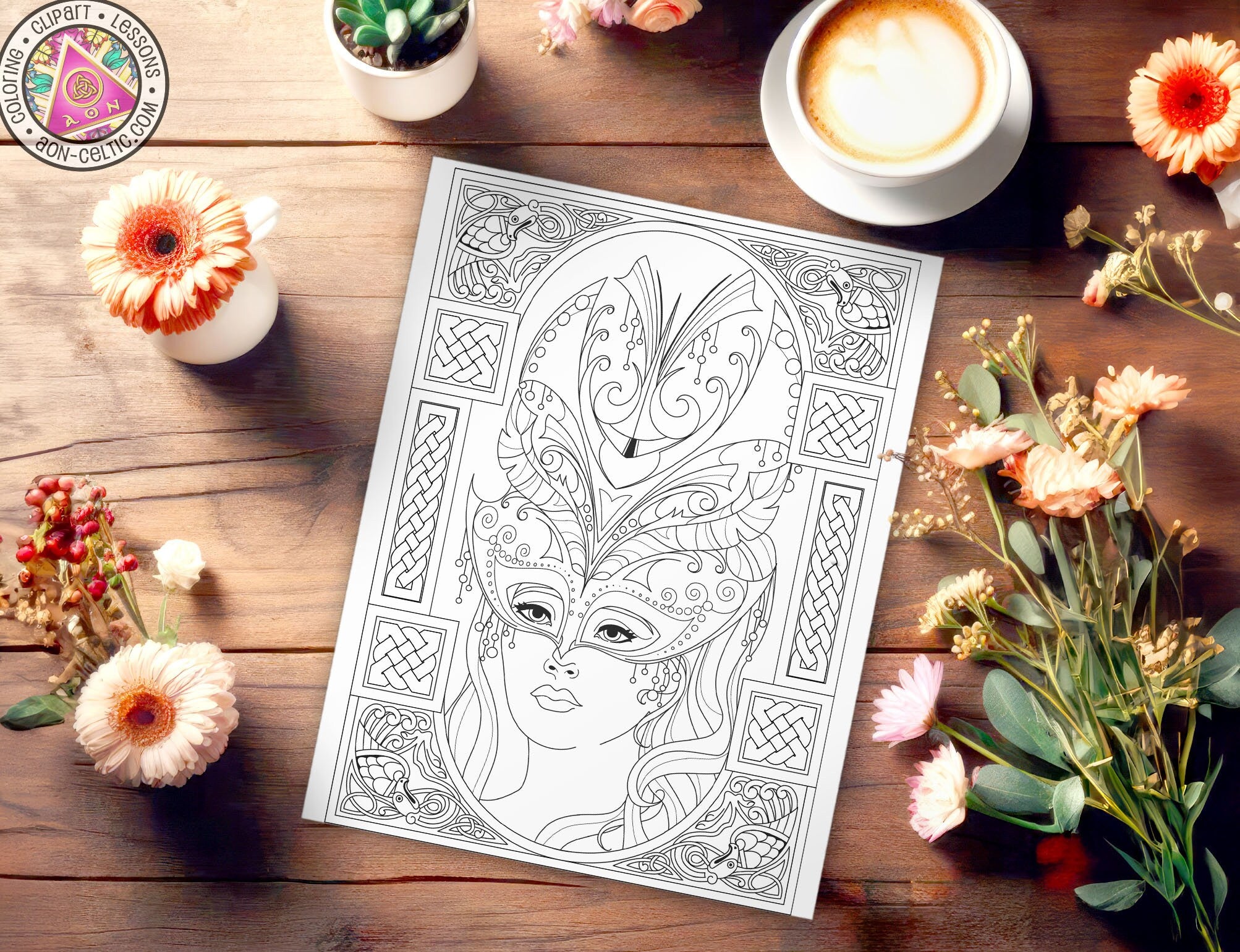 a coloring page with flowers and a cup of coffee