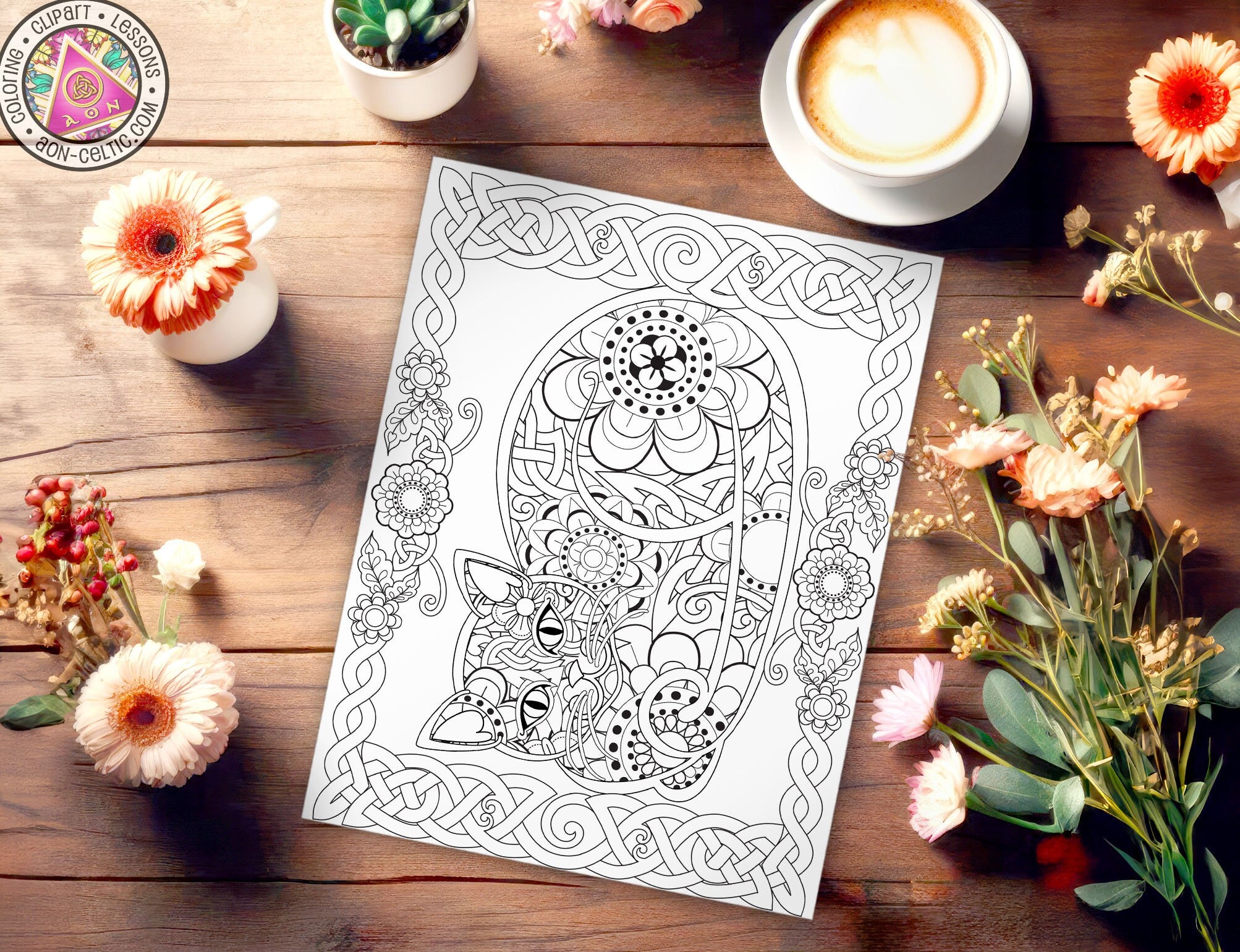 a coloring page with flowers and a cup of coffee