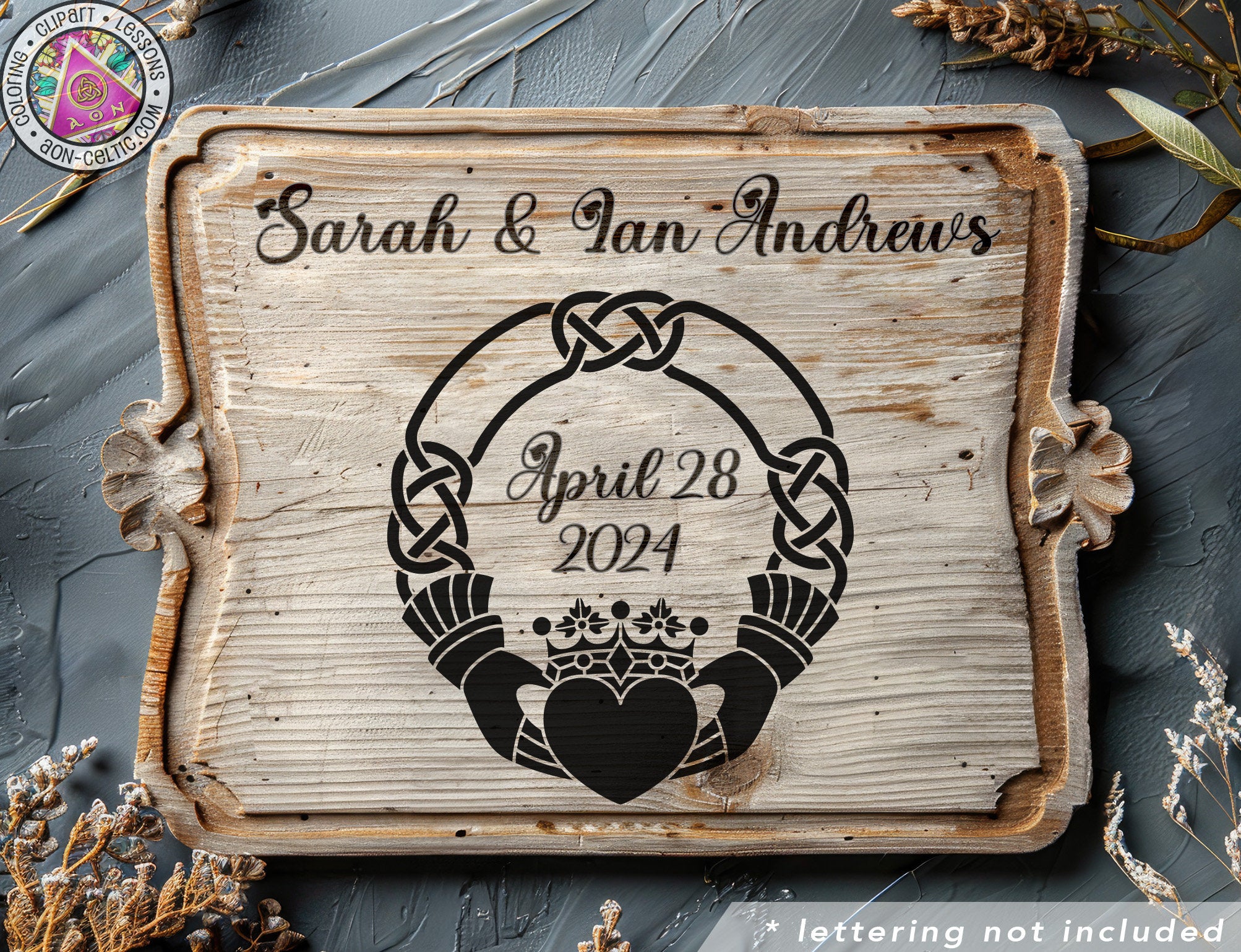 a wooden sign with a picture of a heart and a crown on it