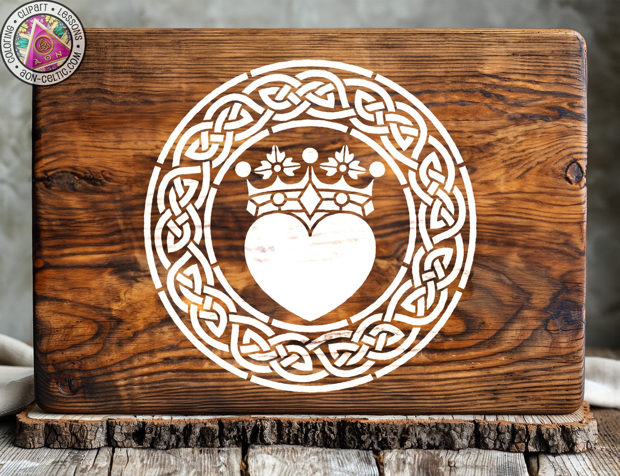 a wooden cutting board with a picture of a heart on it