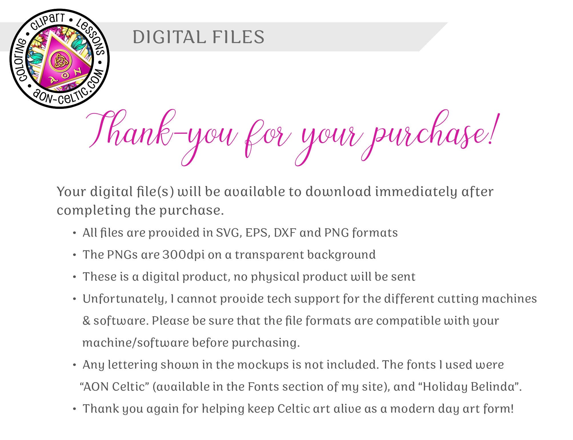 a white paper with a pink font that says thank you for your purchase
