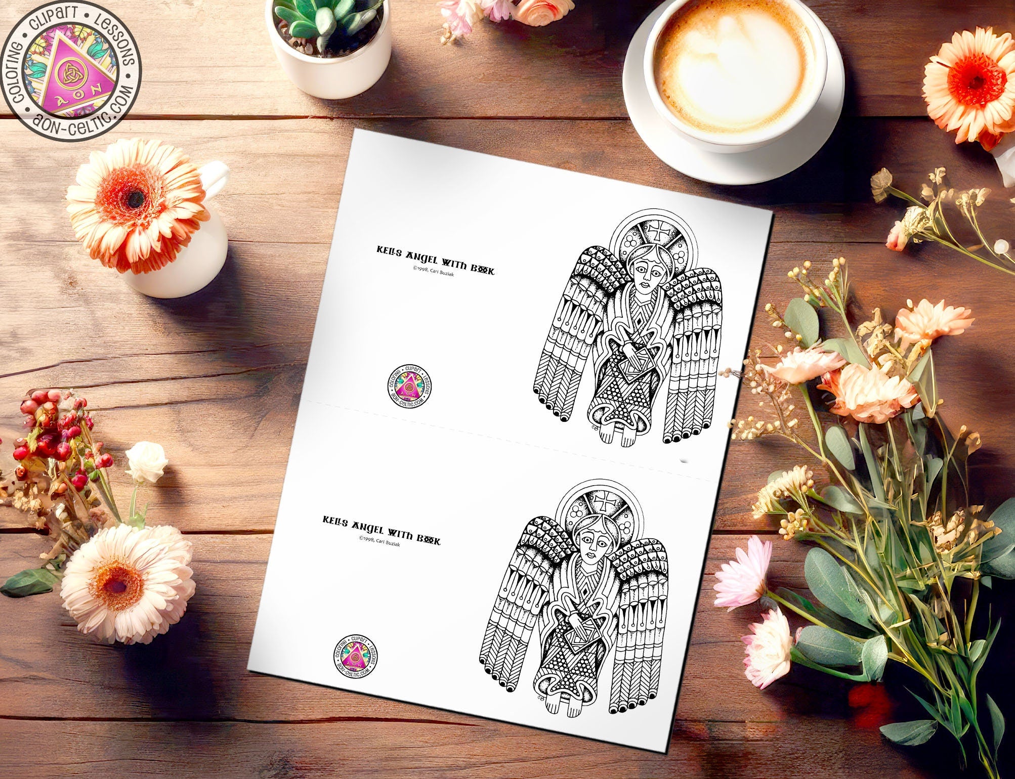 a paper with a picture of a bird on it next to a cup of coffee