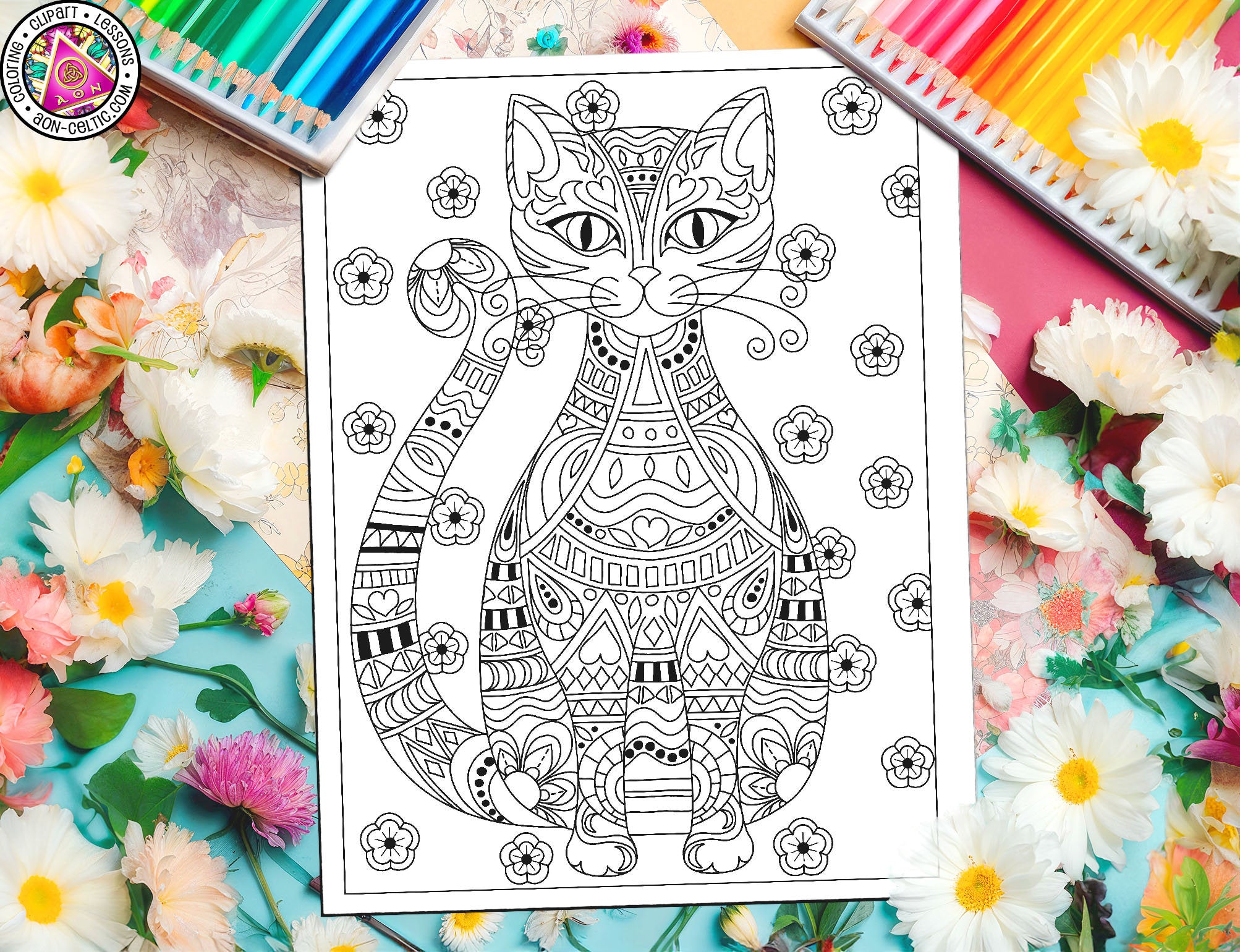 Celtic Cat Coloring Page - St Patrick's Day Coloring Book With Doodle Art Cat