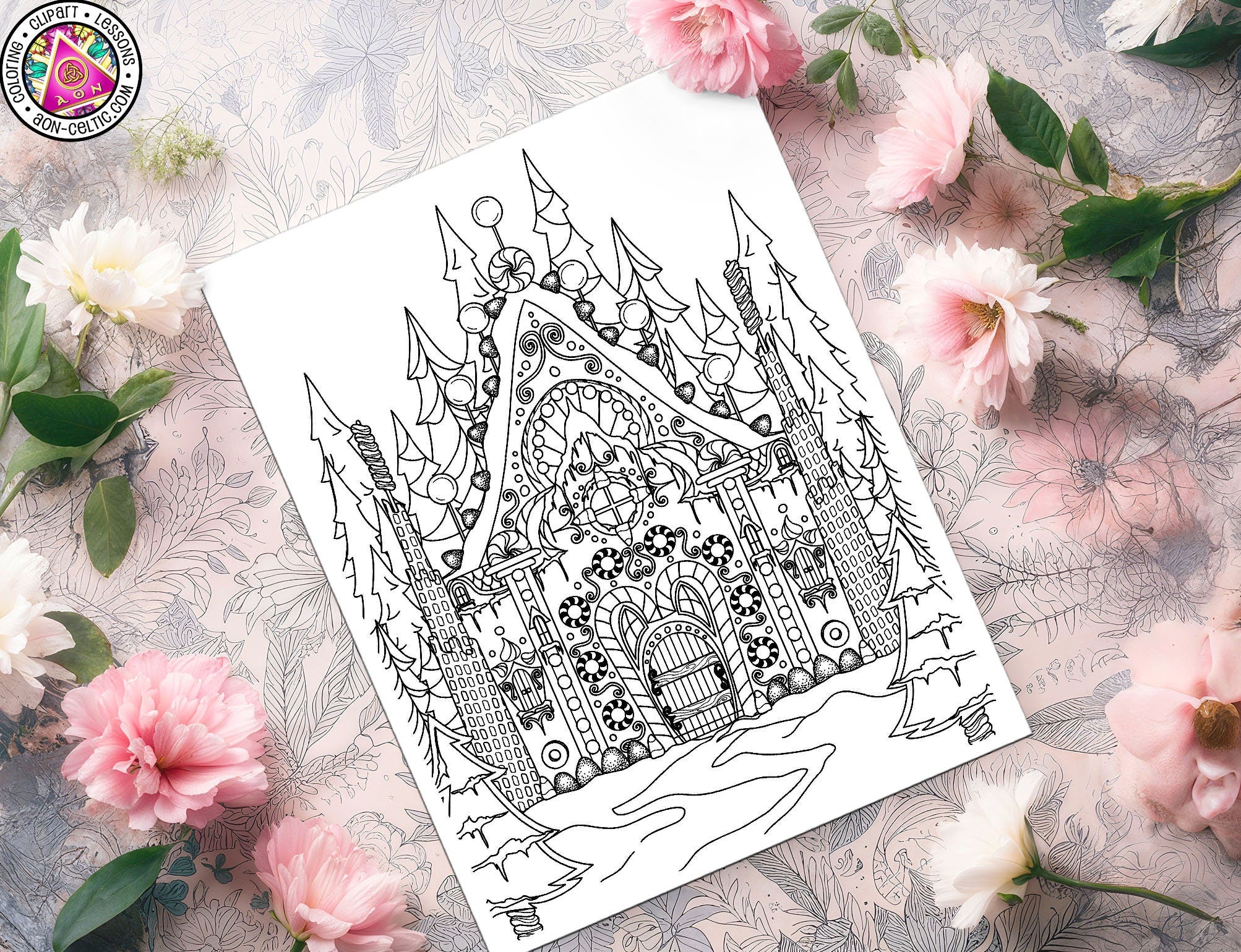 a coloring page with flowers and a cup of coffee