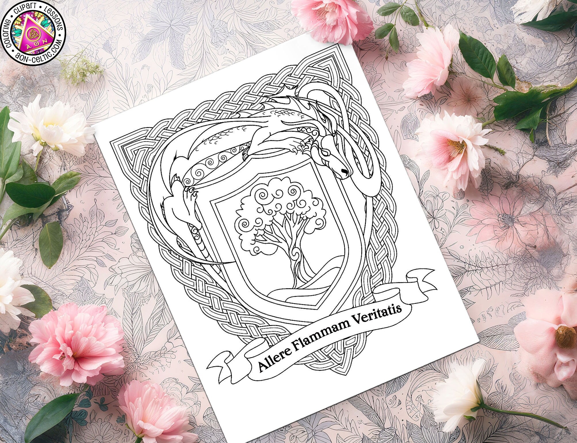 Celtic Coloring Book - Dragon Crest PDF with St Patrick's Day Shamrock Art