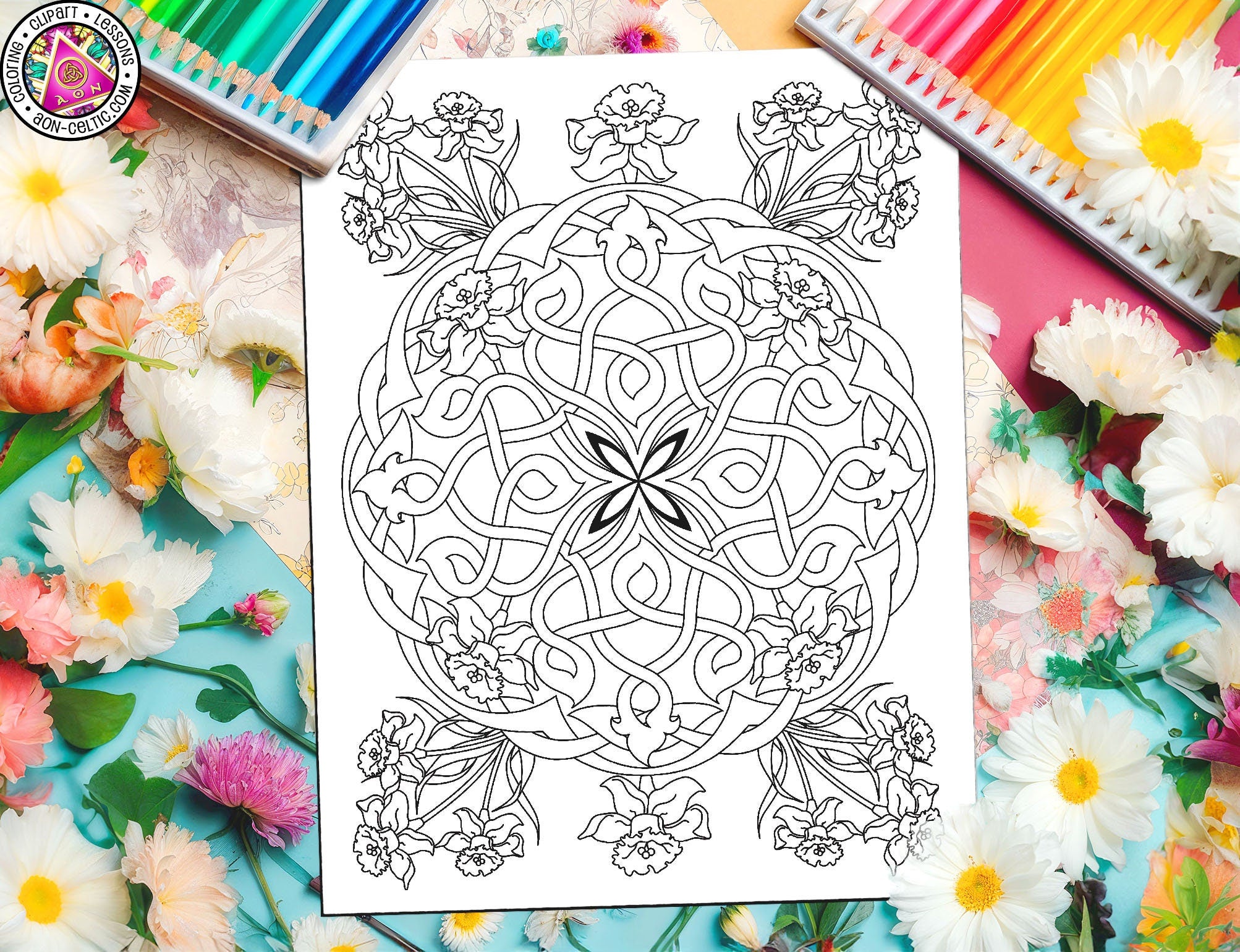 Celtic Coloring Book - Fiery Daffodils Design With Knotwork Border Pattern