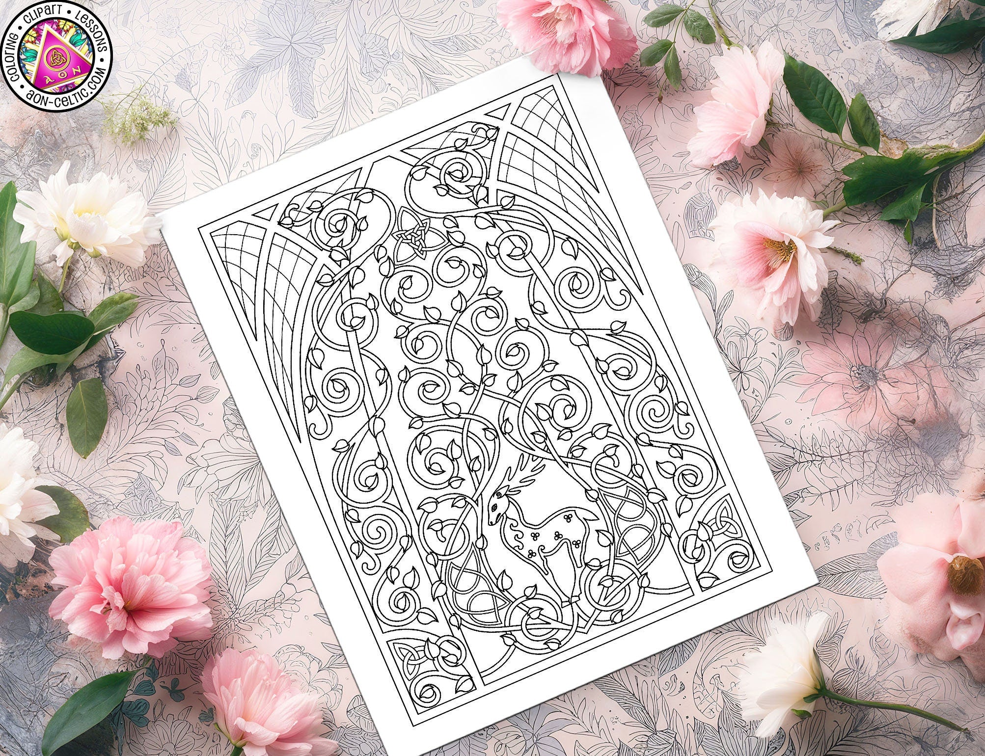 Celtic Coloring Page – Mythical Stag Design With Leafy Vine Patterns & PDF Download