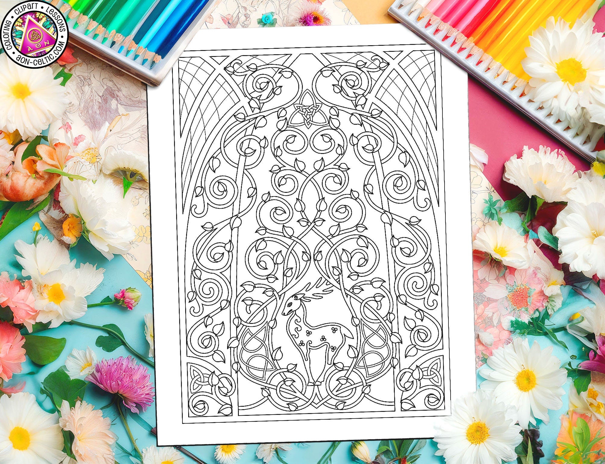 Celtic Coloring Page – Mythical Stag Design With Leafy Vine Patterns & PDF Download