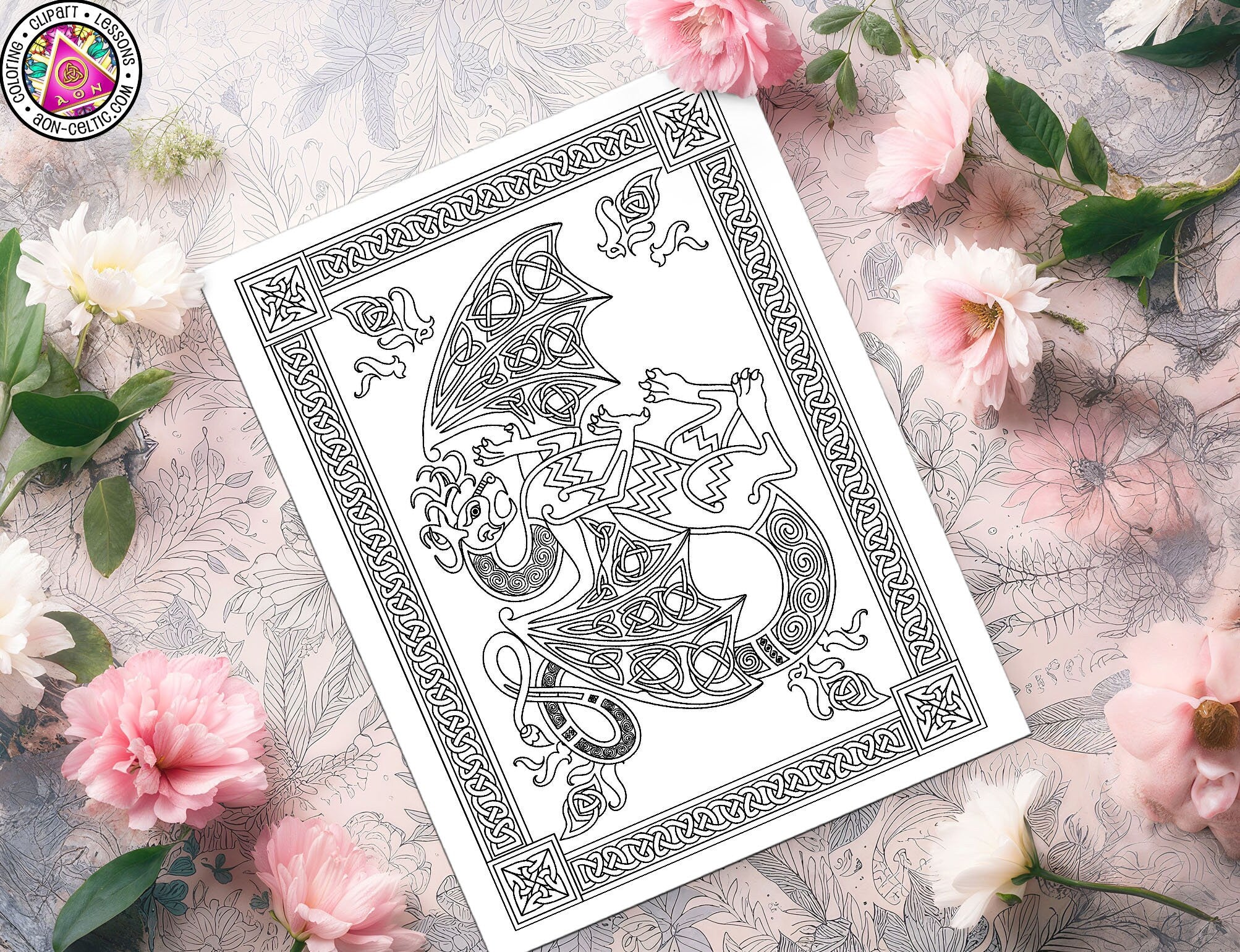 Celtic Dragon Coloring - Heraldic Dragon Design With Knotwork Patterns PDF