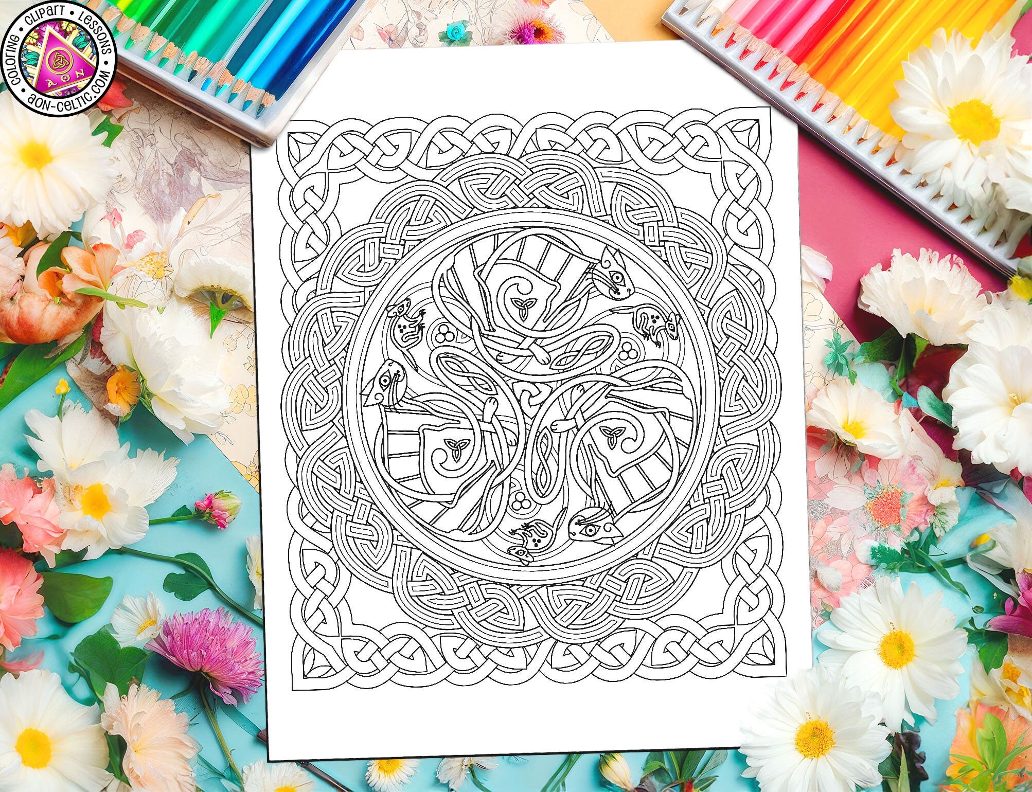 Celtic Coloring Book - St Patrick's Day Tabby Cat & Mouse PDF with Knotwork Art
