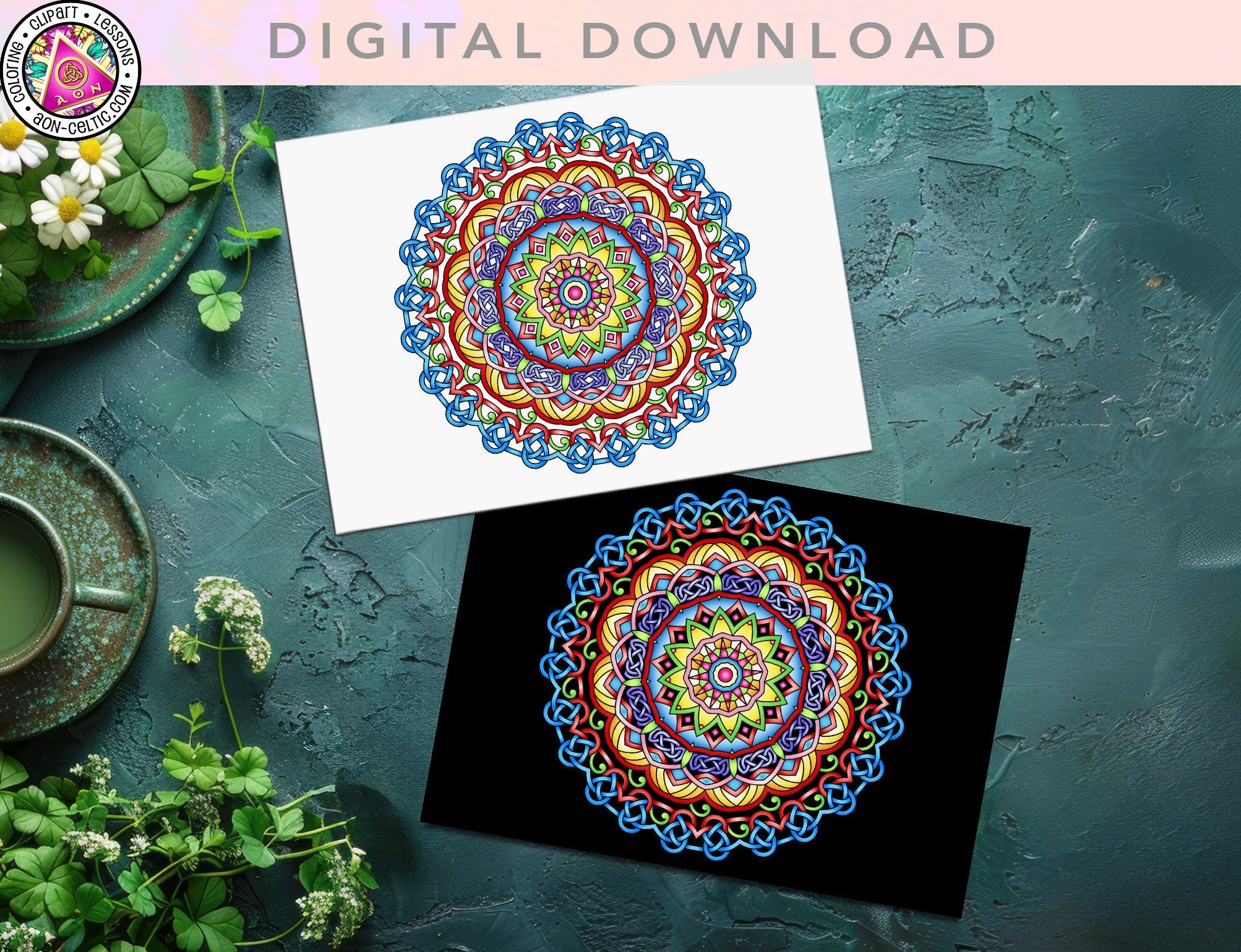 a picture of a card with a picture of a flower and a cup of tea