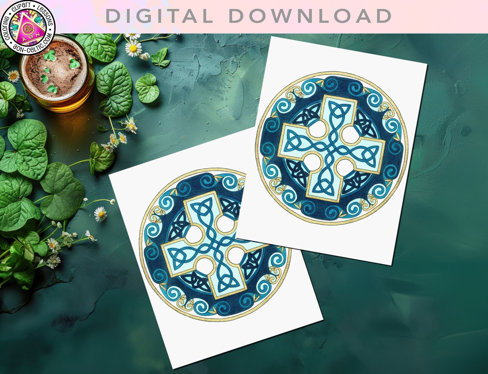 two cards with a blue and gold design on them