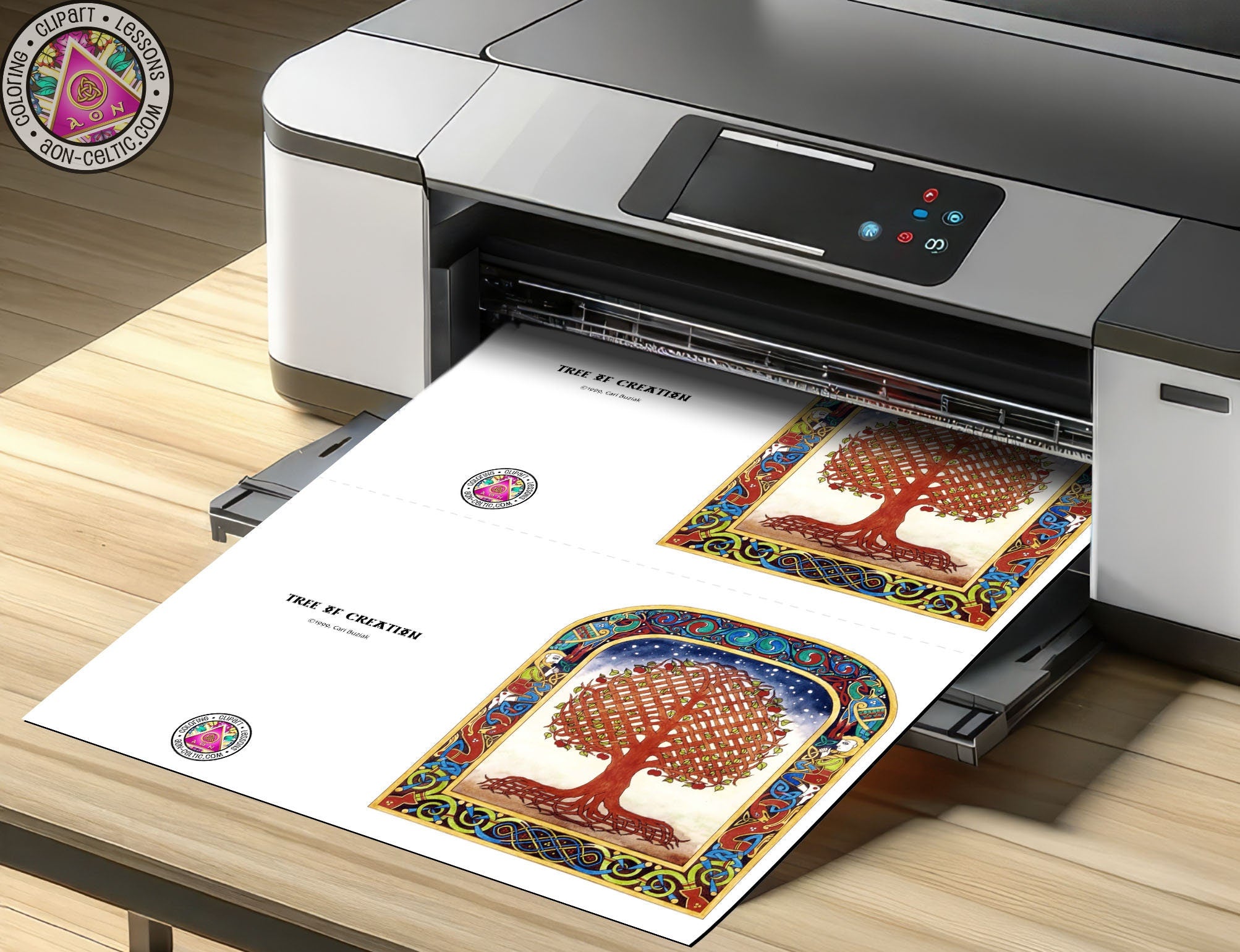 a printer with a picture of a tree on it