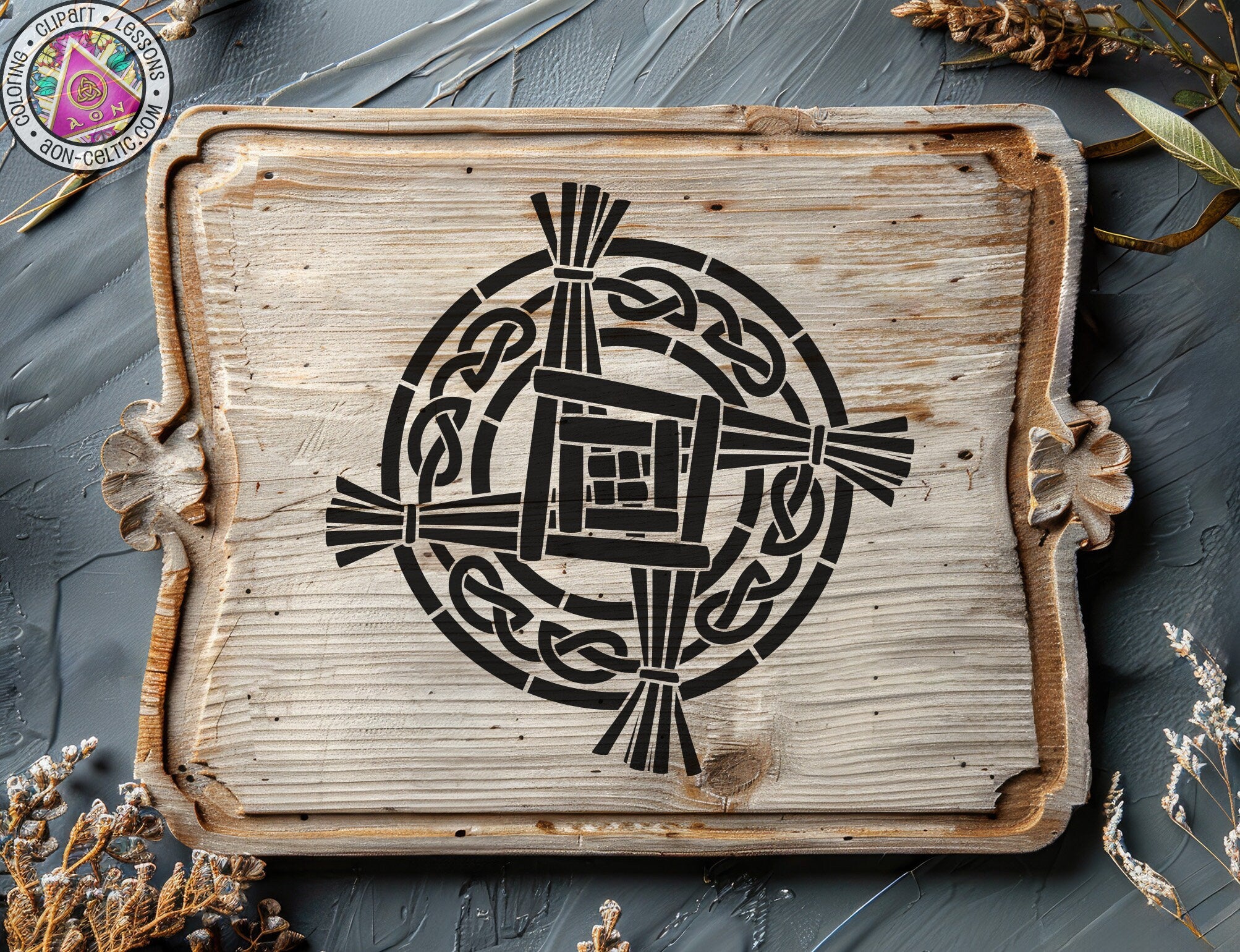 a wooden plaque with a design on it